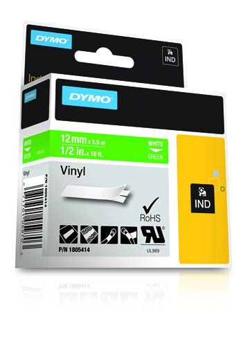 Dymo Rhino Cinta De Etiquetas Industrial Adhesiva Id1-12, Blanco Sobre Verde De 12mmx5´5m, Vinilo