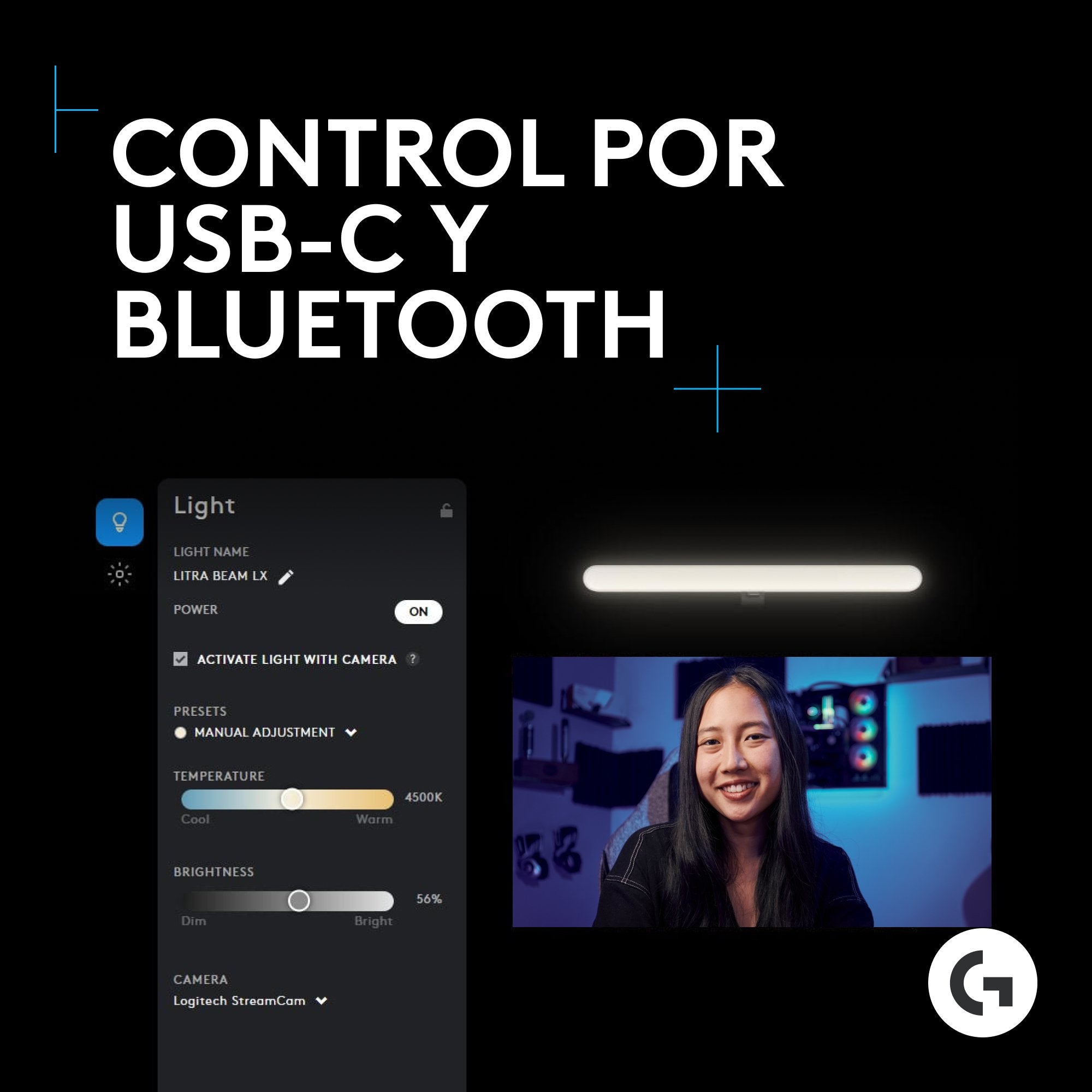 Logitech G Litra Beam Lx, Luz Led Principal Premium Para Streaming, Rgb De Doble Cara Con Truesoft, Para Streaming, Difusión, Lightsync, Bluetooth, Usb, Pc/Mac Grafito