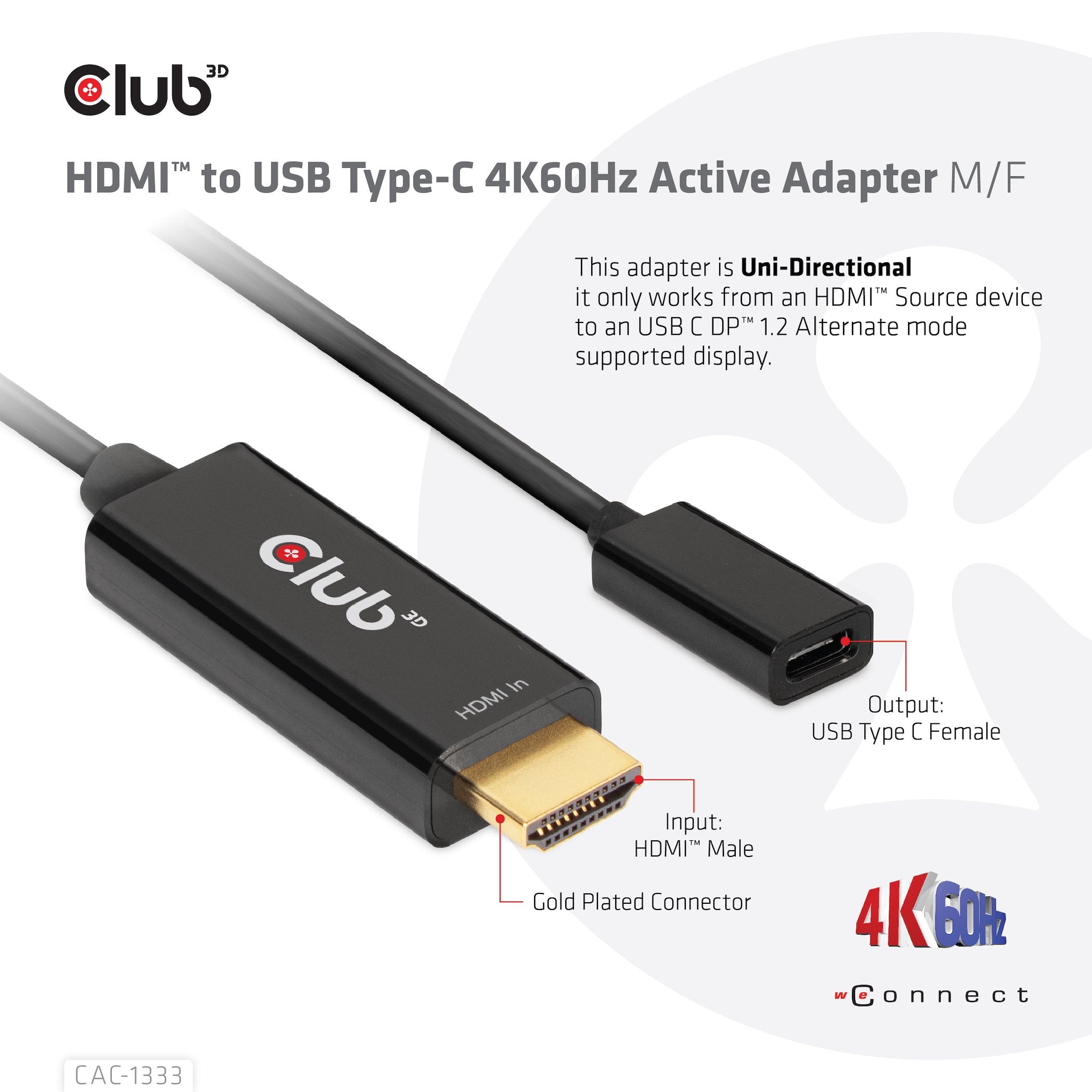 EAN 8719214472047 - CLUB3D CAC-1333 adaptador de cable de vídeo 0,22 m HDMI tipo A (Estándar) USB Tipo C Negro imagen 6