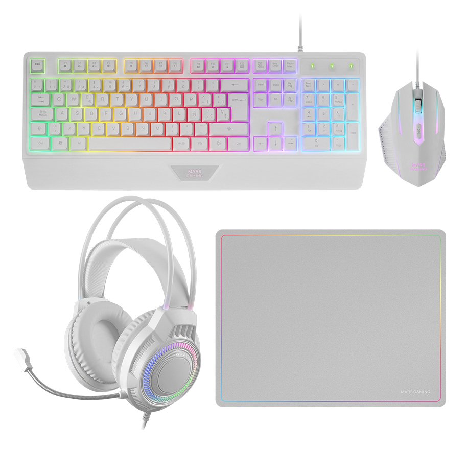 Kit Combo Pack 4en1 Rgb Mcp124 Pro Blanco Mars Gaming Teclado H-Mech Con Iluminación Rgb/ Ratón De Alta Precisión/ Alfombrilla Nanotextil/ Auriculares Con Sonido Envolvente E Iluminación Frgb