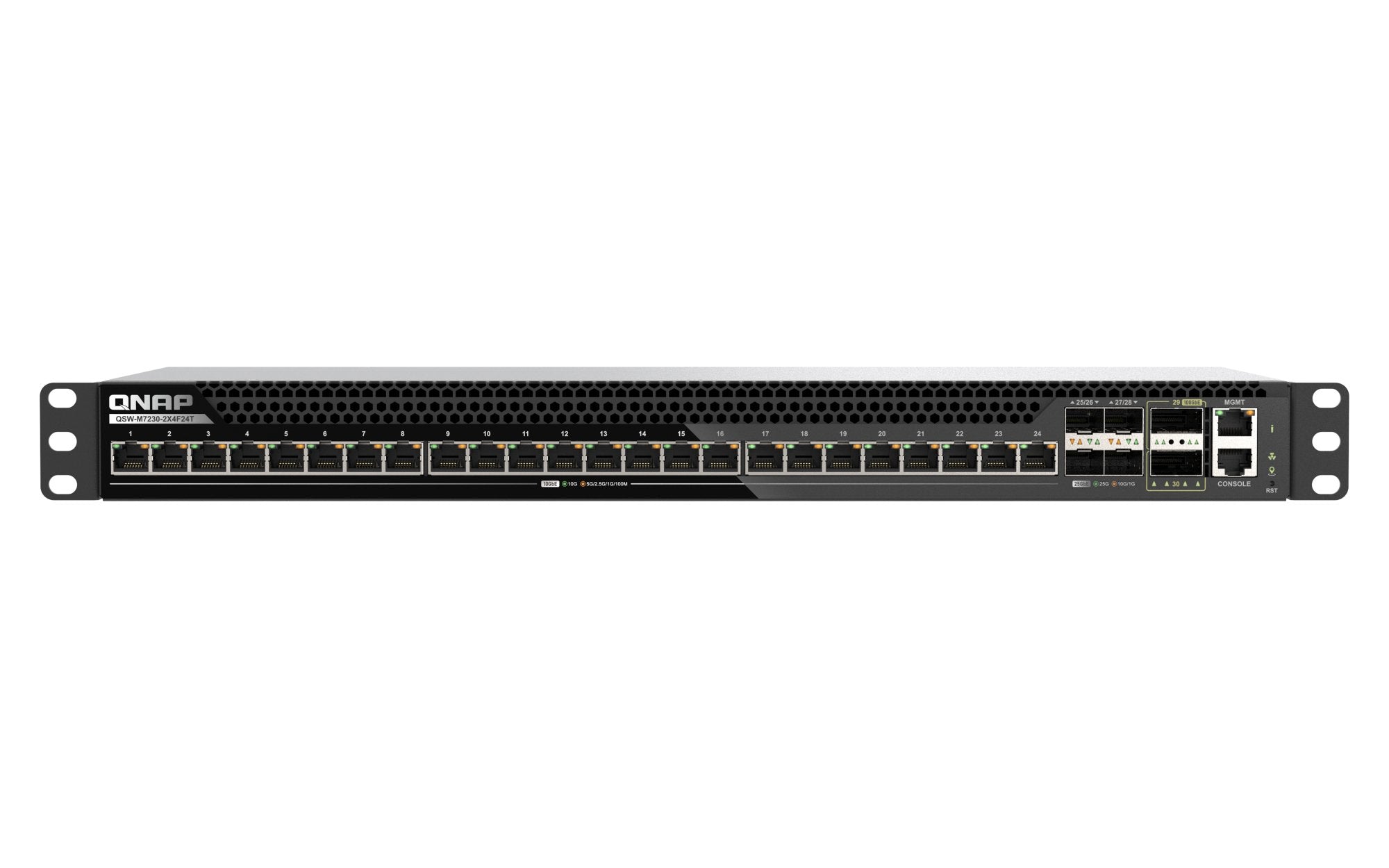 Qnap Qsw-M7230-2x4f24t Conmutador 2 X 100 Gigabit Qsfp28 + 4 X 25 Gigabit Sfp28 Montable En Rack Para Qnap Cab-Dac50m-Sfpp Trx-10gitsfpp-Sr Trx-25gsfp28-Sr