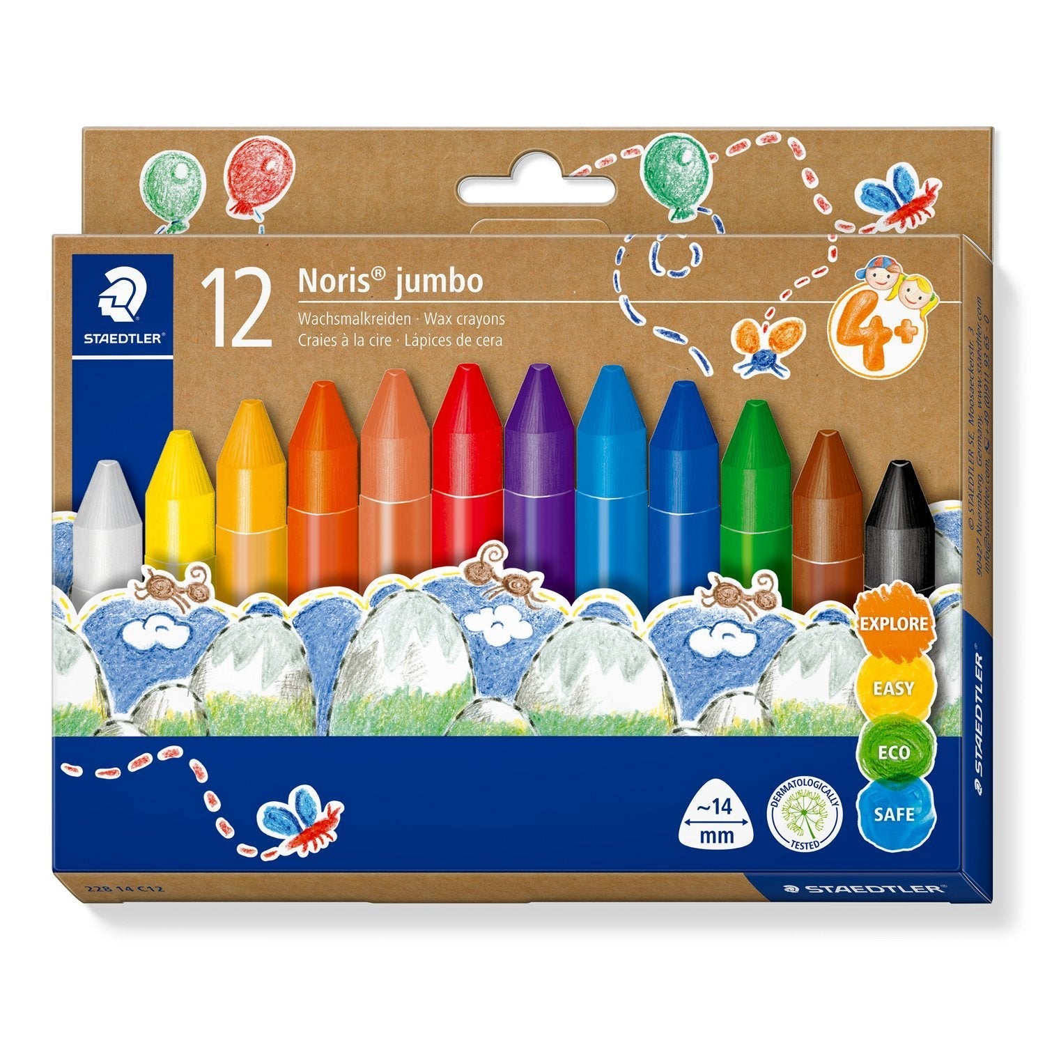 Staedtler 228 14 C12 Ceras Noris Jumbo Extra Gruesas De Diseño Triangular Ergonómico. Estuche Cartón Con 12 Ceras Colores Surtidos