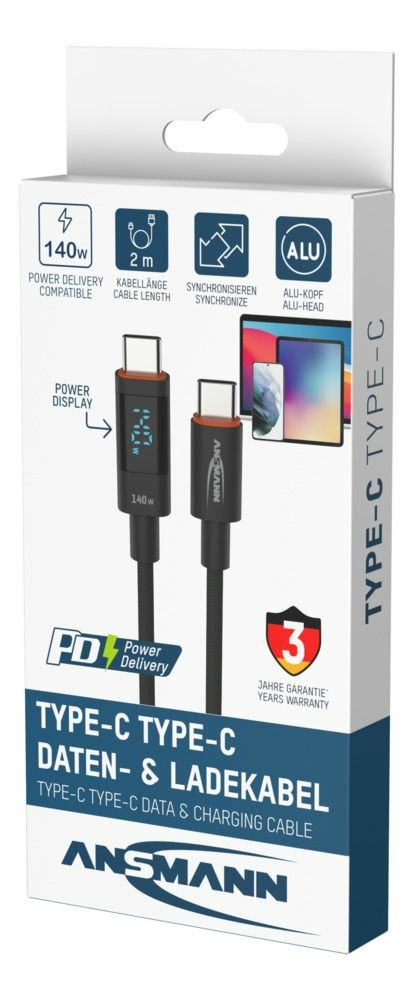 Cable Ansmann Usb 2.0 , Usb-C Stecker > Usb-C Stecker (Anthrazit, 2,0 Meter, Pd 3.1, Laden Mit Bis Zu 140 Watt, Gesleevt, Integriertes Led Display) 1700-0171