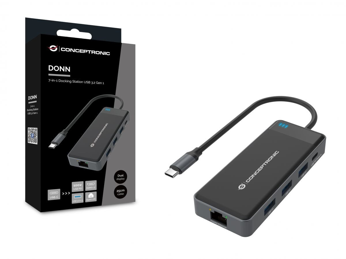 Adaptador Usb-C 7in1 Conceptronic Hdmix2 Usb-C Pd 100w Usb-A Rj45 Gigabit Donn14g