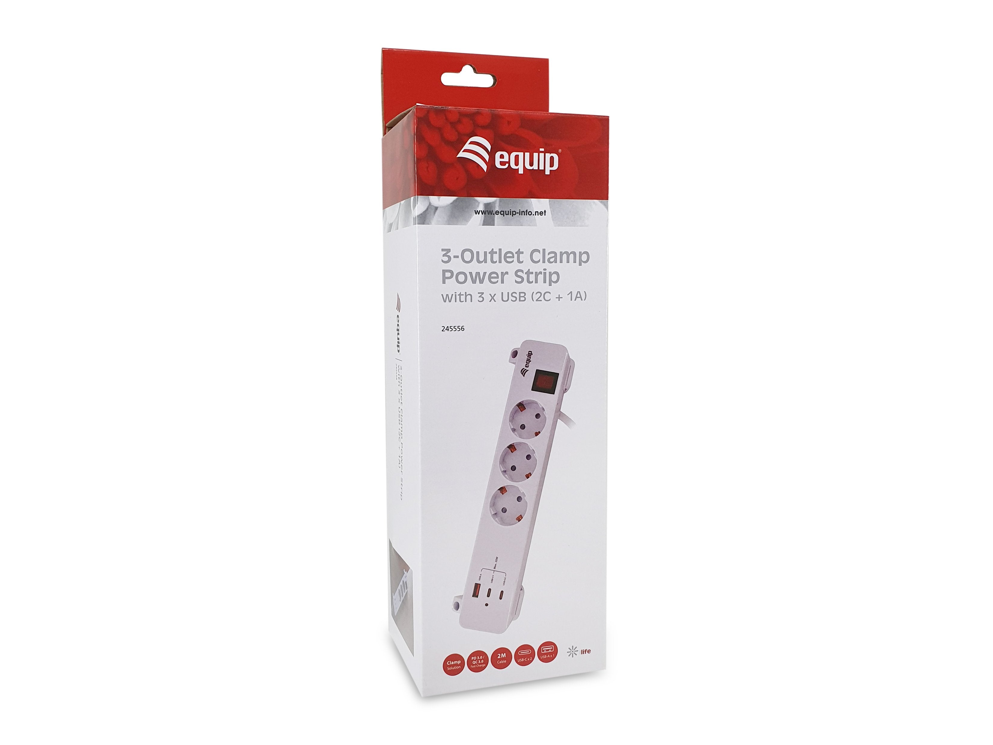 Regleta Alimentacion Equip 245556 Con Abrazadera 3 Tomas Schuko 2xusb-C 1xusb-A 20w Blanco