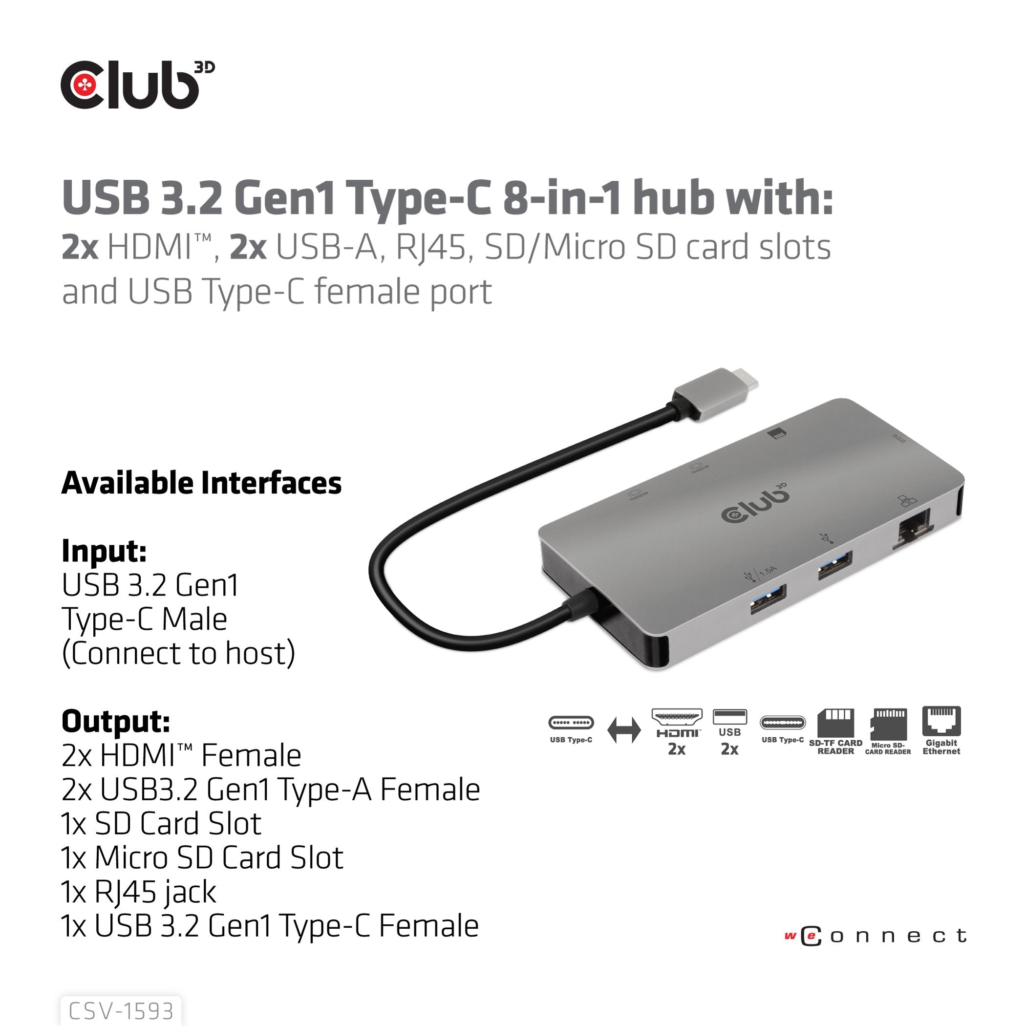 Club-3d Multistream Hub Usb 3.2 Gen1 Usb-C-> 2xhdmi, 2xusba, 1xsd, 1xmsd, 1xrj