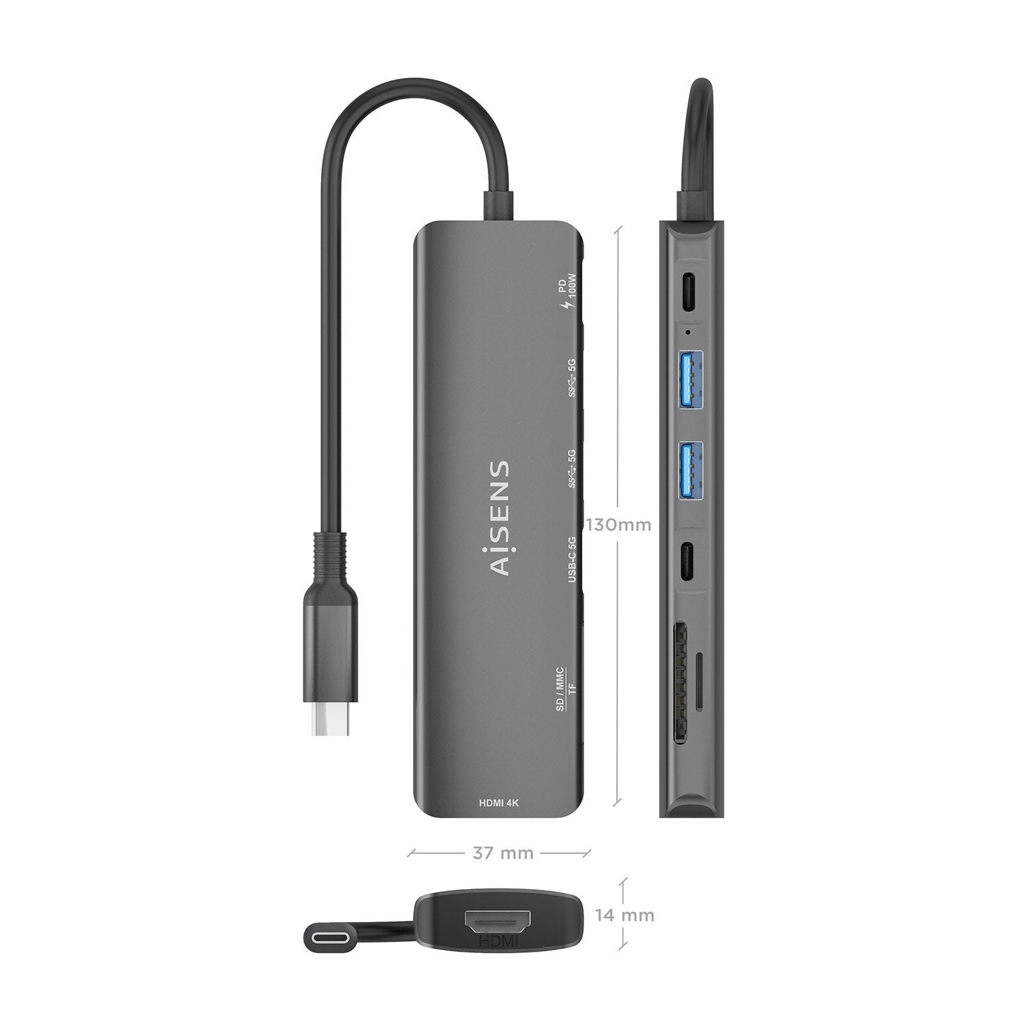 Aisens Usb-C Dock 7 En 1, Usb-C A 1xhdmi, 2xusb-A, 1xusb-C, 1xusb-C Pd 100w, 1xsd, 1xmicro Sd, Gris, 15cm