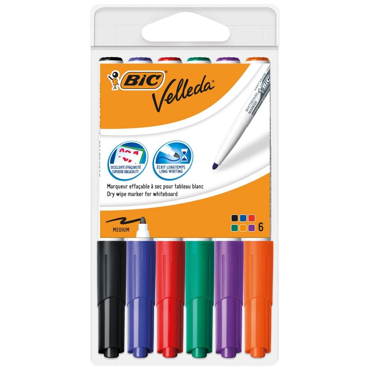 Bic Velleda 1741 Pack De 6 Marcadores Para Pizarra - Punta De 4.5 Mm - Trazo 1.4mm - Tinta Con Base De Acetona - Borrado Optimo - Larga Duracion - Colores Surtidos