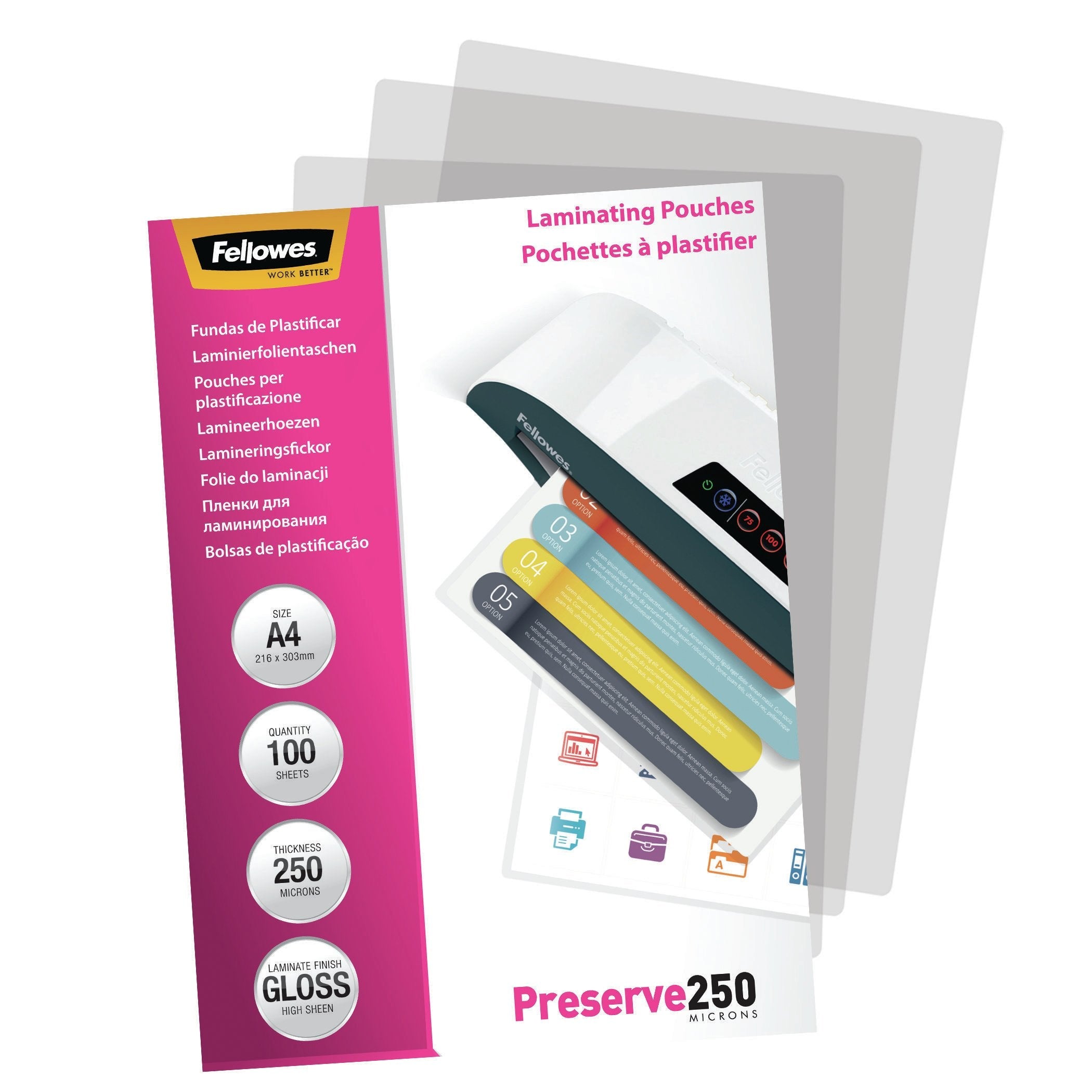 Fellowes A4 Glossy 250 Micron Laminating Pouch - 100 Pack