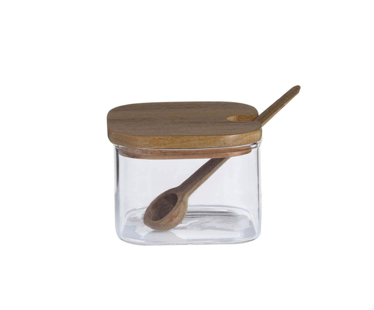 Azucarero De Vidrio Y Madera De Acacia, 3 Piezas Con Bandeja, 27 X 10,5 X 7 Cm