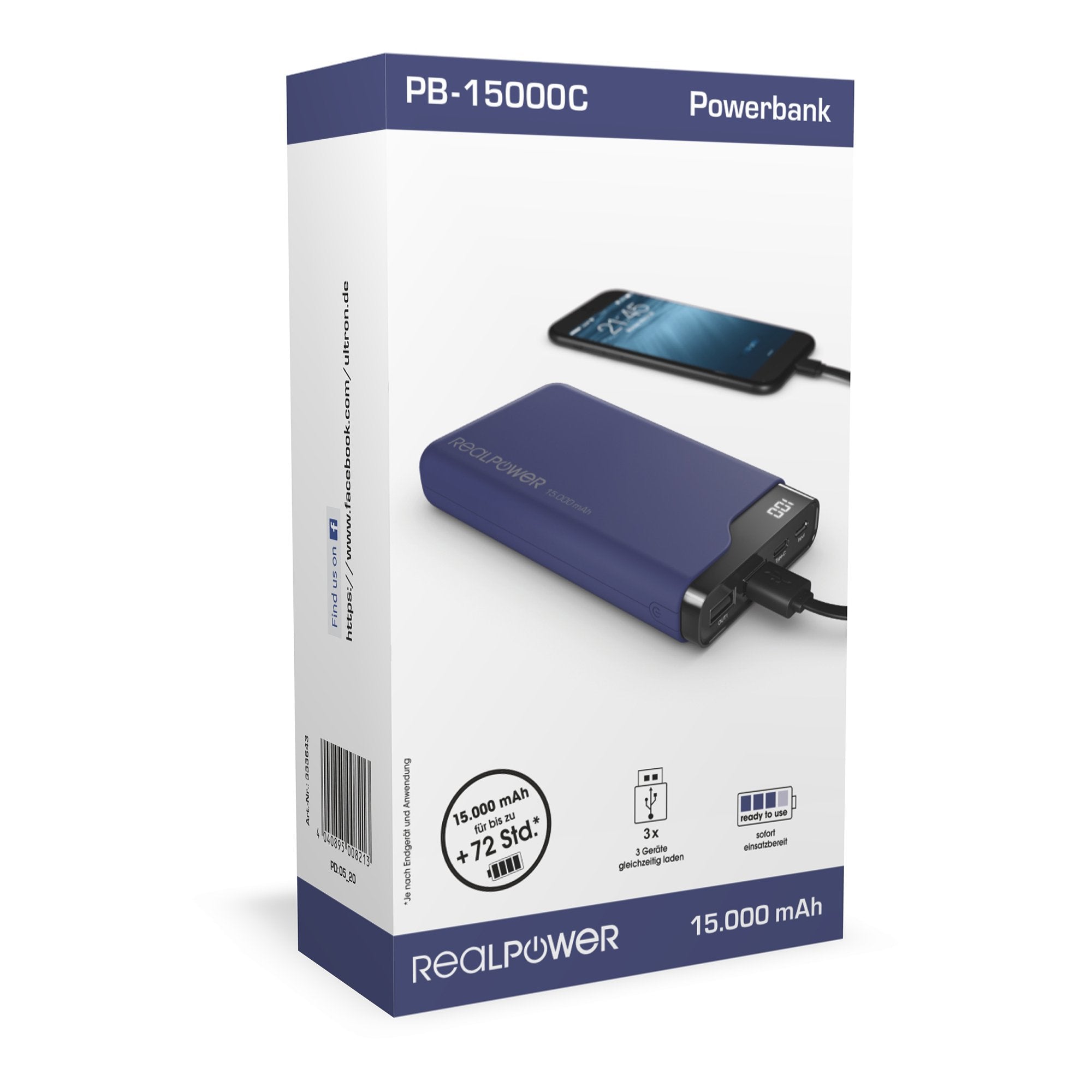 Batería Externa Realpower Pb-15000c Azul Medianoche, Usb C