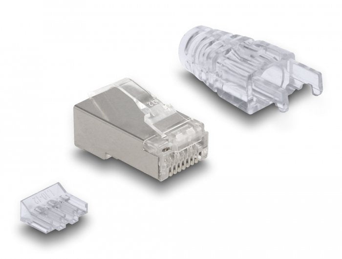 Rj45 Modularer Stecker Mit Gebogener Rastnase Cat.6 Und Knickschutztülle 50er Set