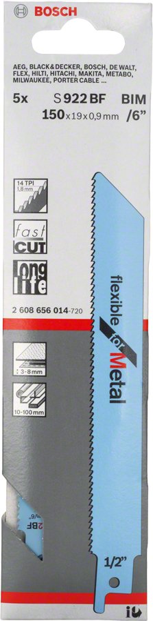 Hoja De Sierra De Sable Bosch S 922 Bf Flexible Para Metal, 150 Mm 5 Piezas
