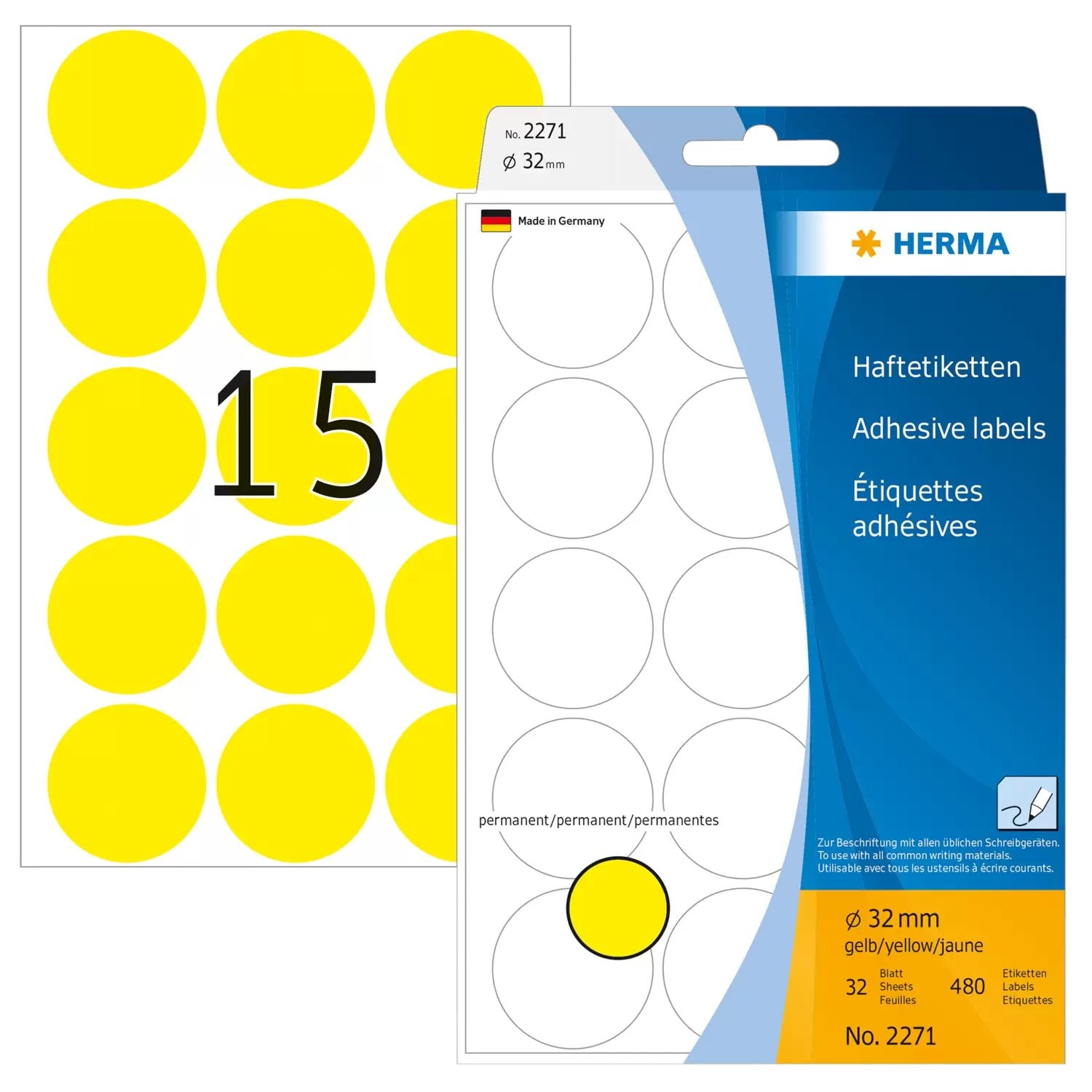 EAN 4008705022712 - HERMA 2271 etiqueta autoadhesiva Círculo Amarillo 480 pieza(s) imagen 1