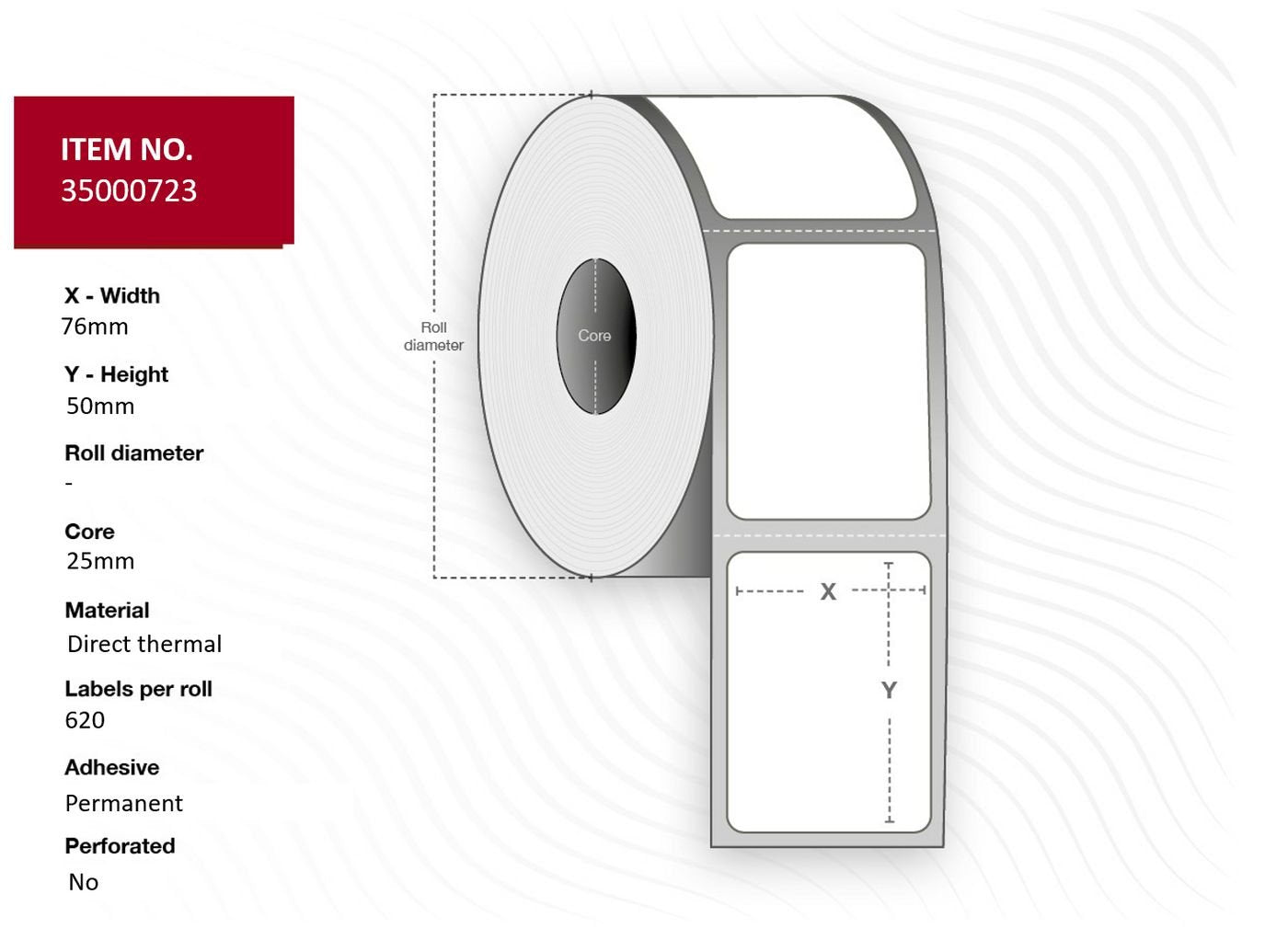 Label 76x50 - Core 25. White. - Eco. Dt. Permanent. 620 - Labels Per Roll. 24 Rolls Per Box. Black Mark Eco. 25 Mm Core. 620 Lab./Roll