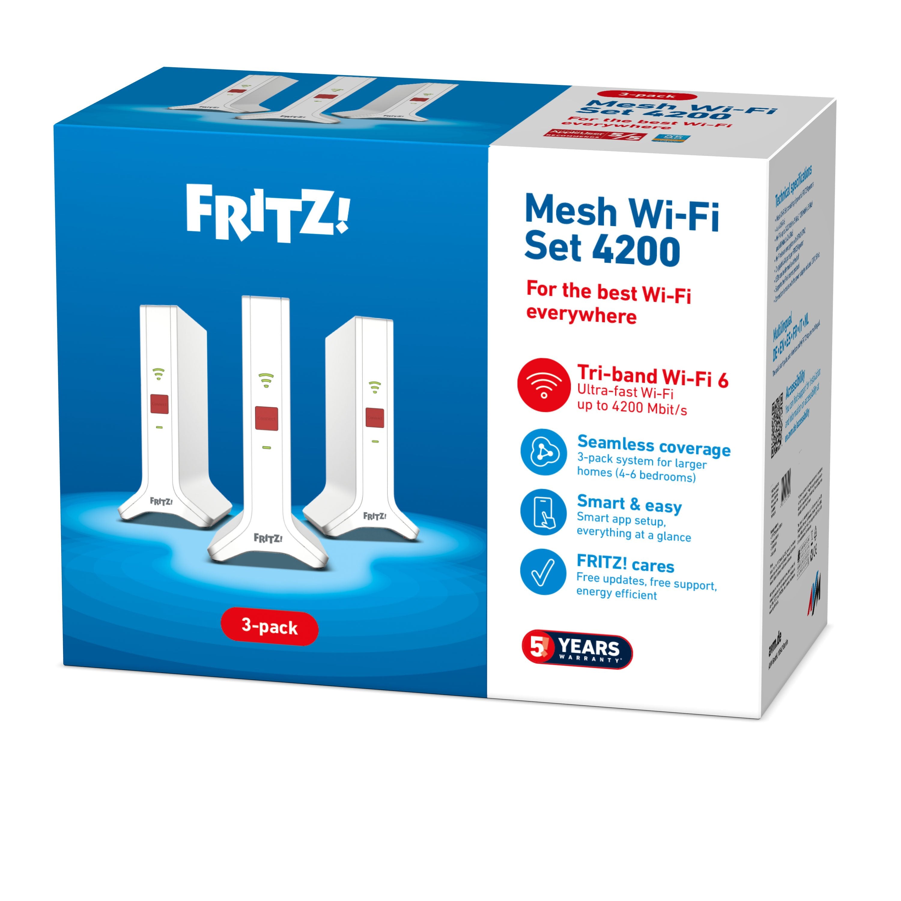 EAN 4023125031090 - Mesh Set FRITZ! 4200 3-pack Edition Inter Doble banda (2,4 GHz / 5 GHz) Wi-Fi 6E (802.11ax) Rojo, Blanco imagen 6