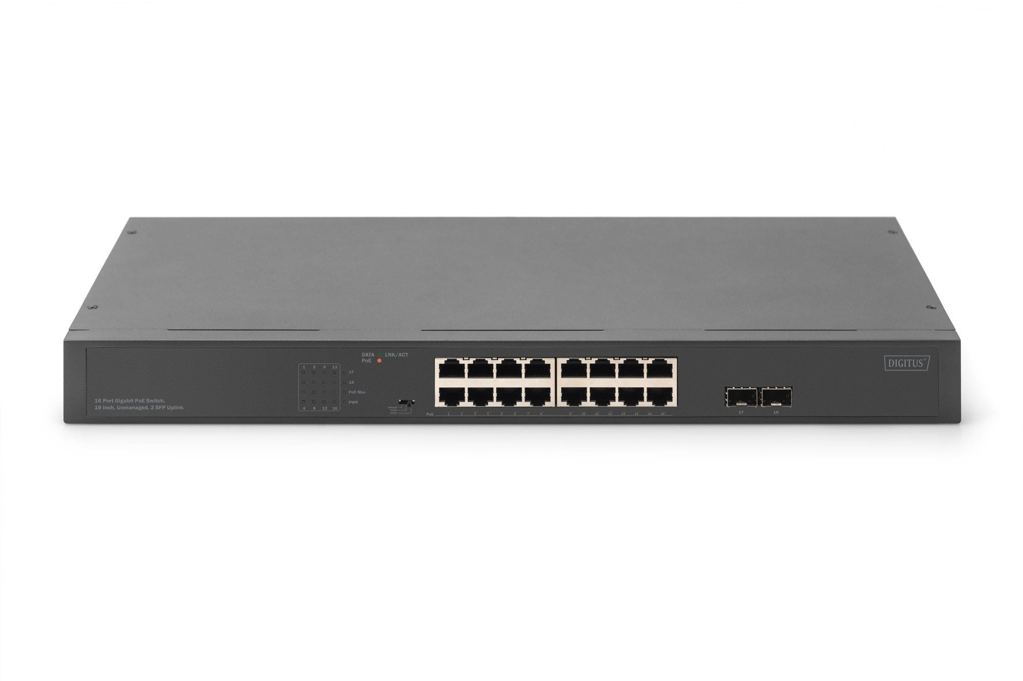 Digitus Switch 16-Port Gigabit Netzwerkswitch, 19 Zoll, Unmanaged, 2 Uplink Ports, Sfp