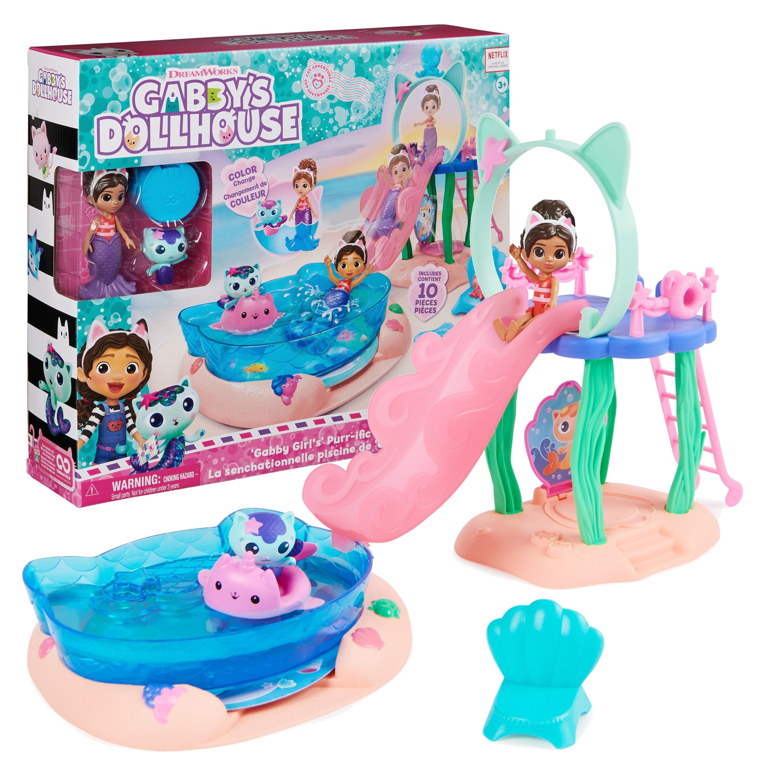 Spin Master Dreamworks Gabby'S Dollhouse Cat Adventures - Purrific Pool Party Playset, Telón De Fondo Con Figuras De Gabby Y Merkitten 6067878