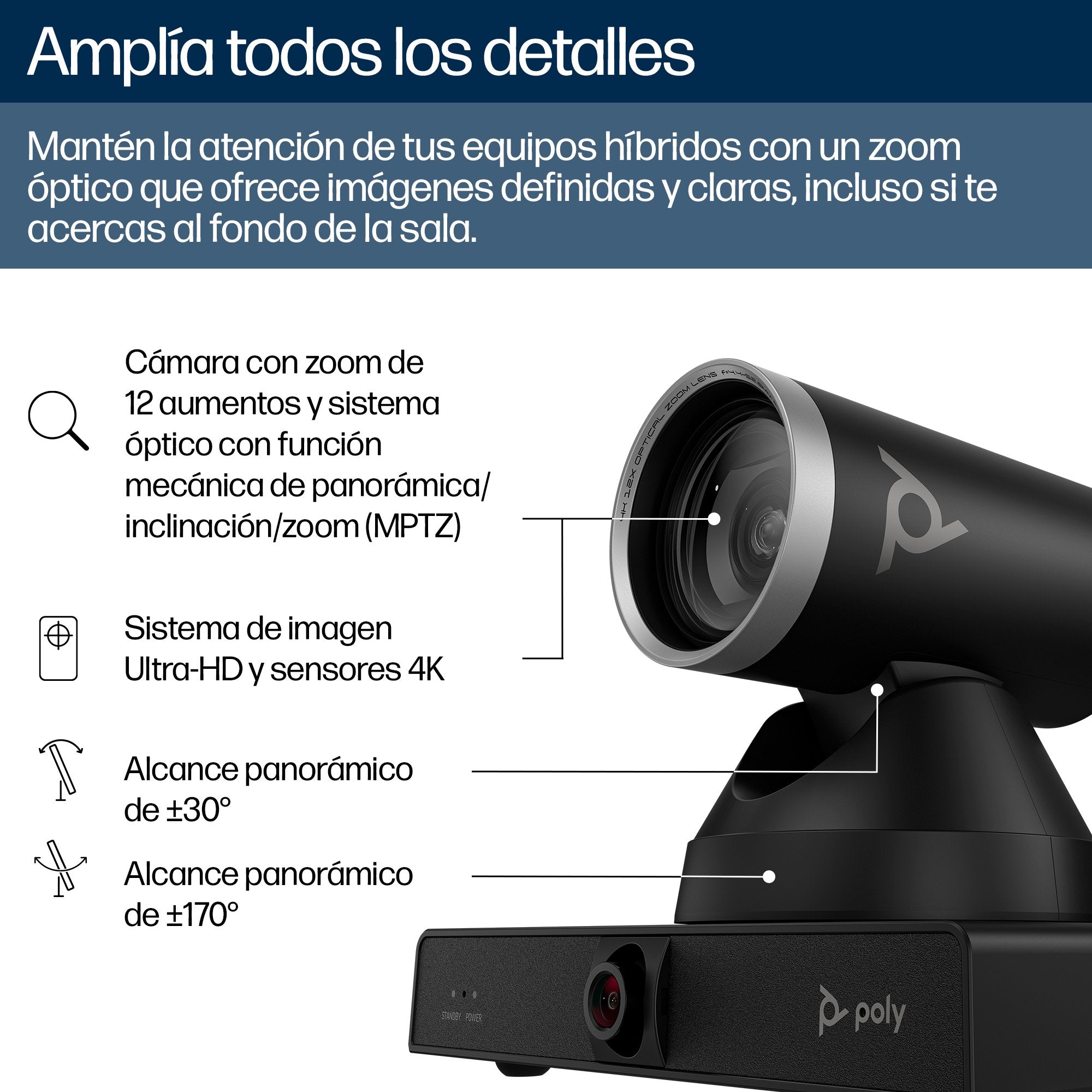 EAN 0198122304387 - HP Poly Studio E60 Smart Camera 4K MPTZ with 12x Optical Zoom 8 MP Negro 3840 x 2160 Pixeles 60 pps imagen 7