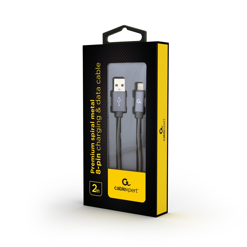 Gembird Cc-Usb2s-Amlm-2m-Bg Premium Cable De Carga Y Datos De Metal En Espiral De 8 Pines, 2 M, Gris Metálico