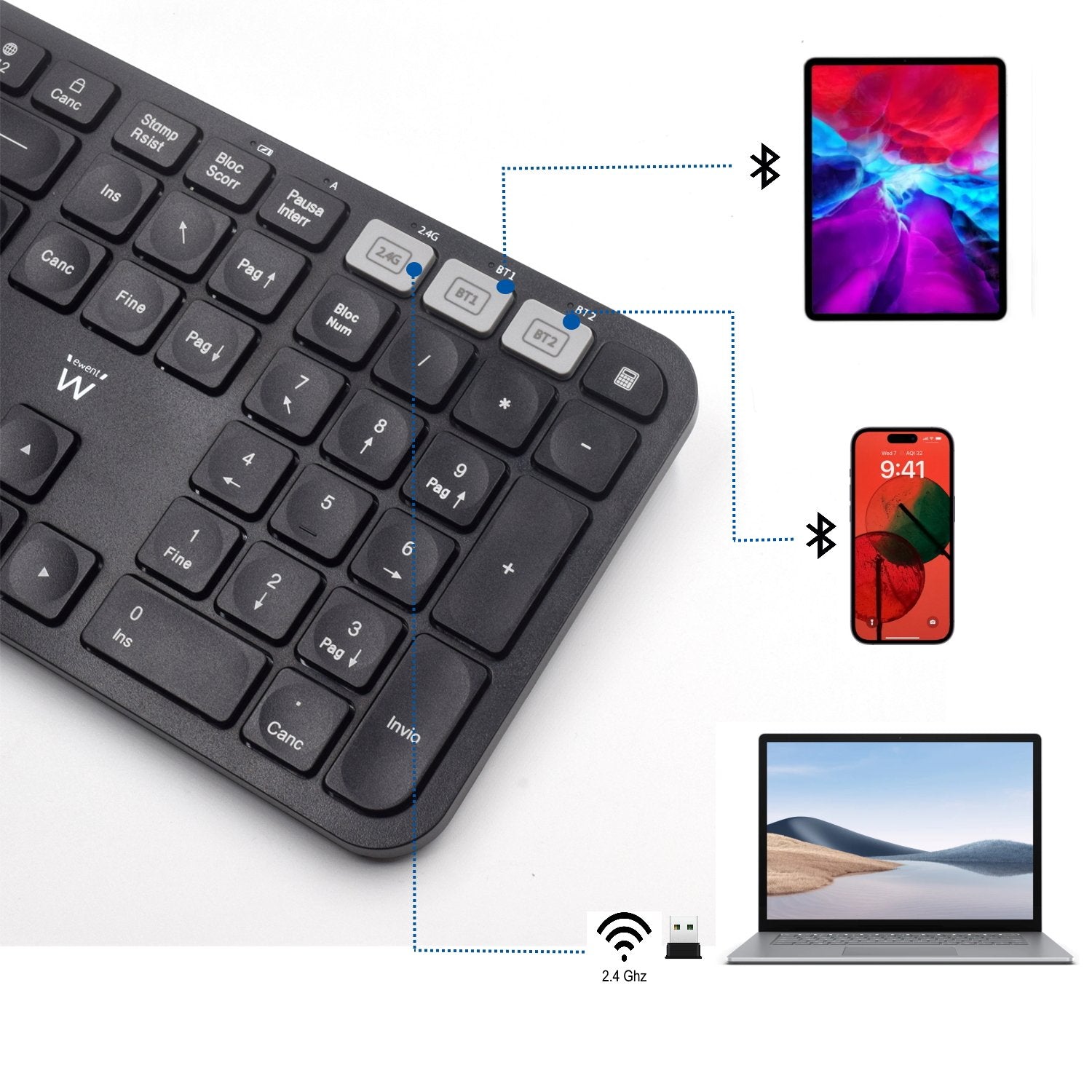 Ewent Teclado Inalambrico - Modo Ahorro De Energia - Disposicion Portuguesa Qwerty Pt - Receptor Usb-A 2.4hz - 1x