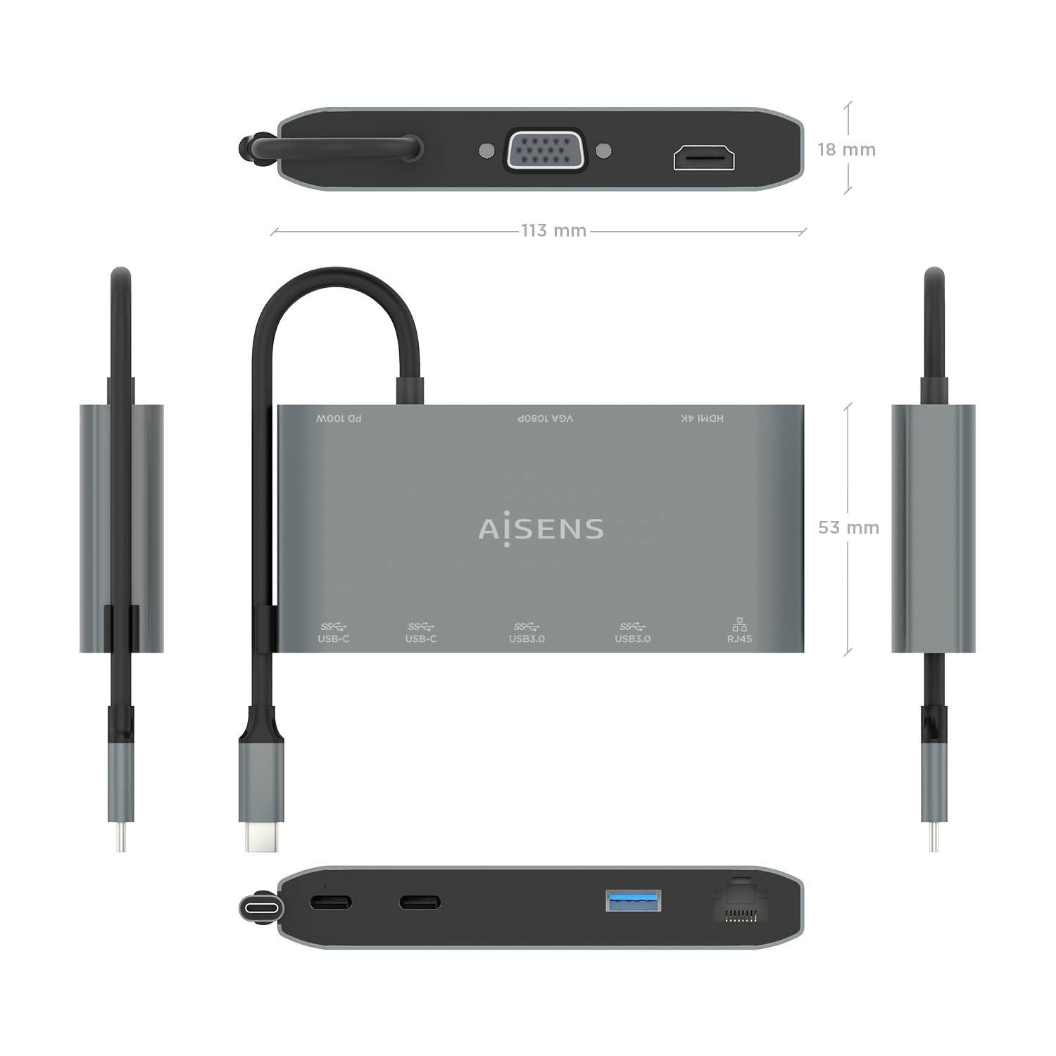 Aisens Usb-C Dock 8 En 1 - Usb-C A 1xhdmi - 1xvga - 1xrj45 - 2xusb-A - 2xusb-C 5g - 1xusb-C Pd - 20cm - Gris