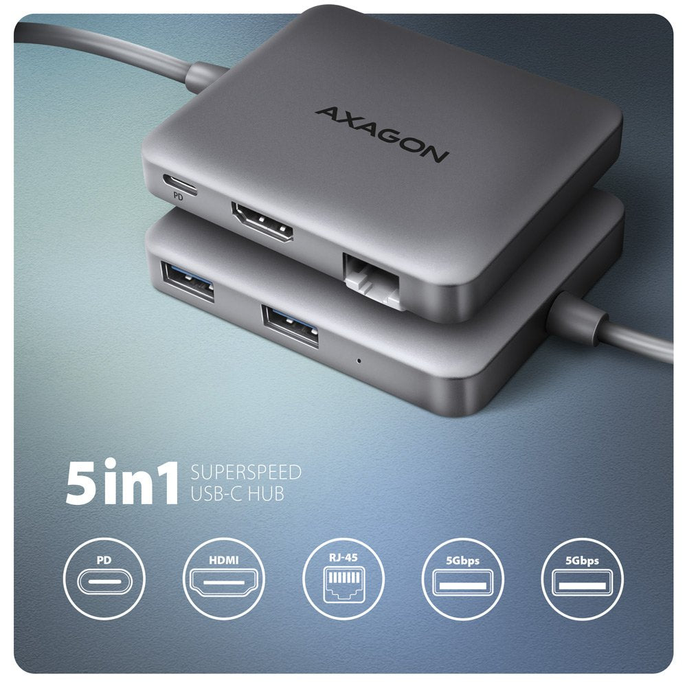 Hmc-5hl Multipuerto Hub Usb 5in1, 5gbps, 2x Usb-A, Hdmi 4k/60hz, Glan, Pd 100w, 15cm Usb-C Cable