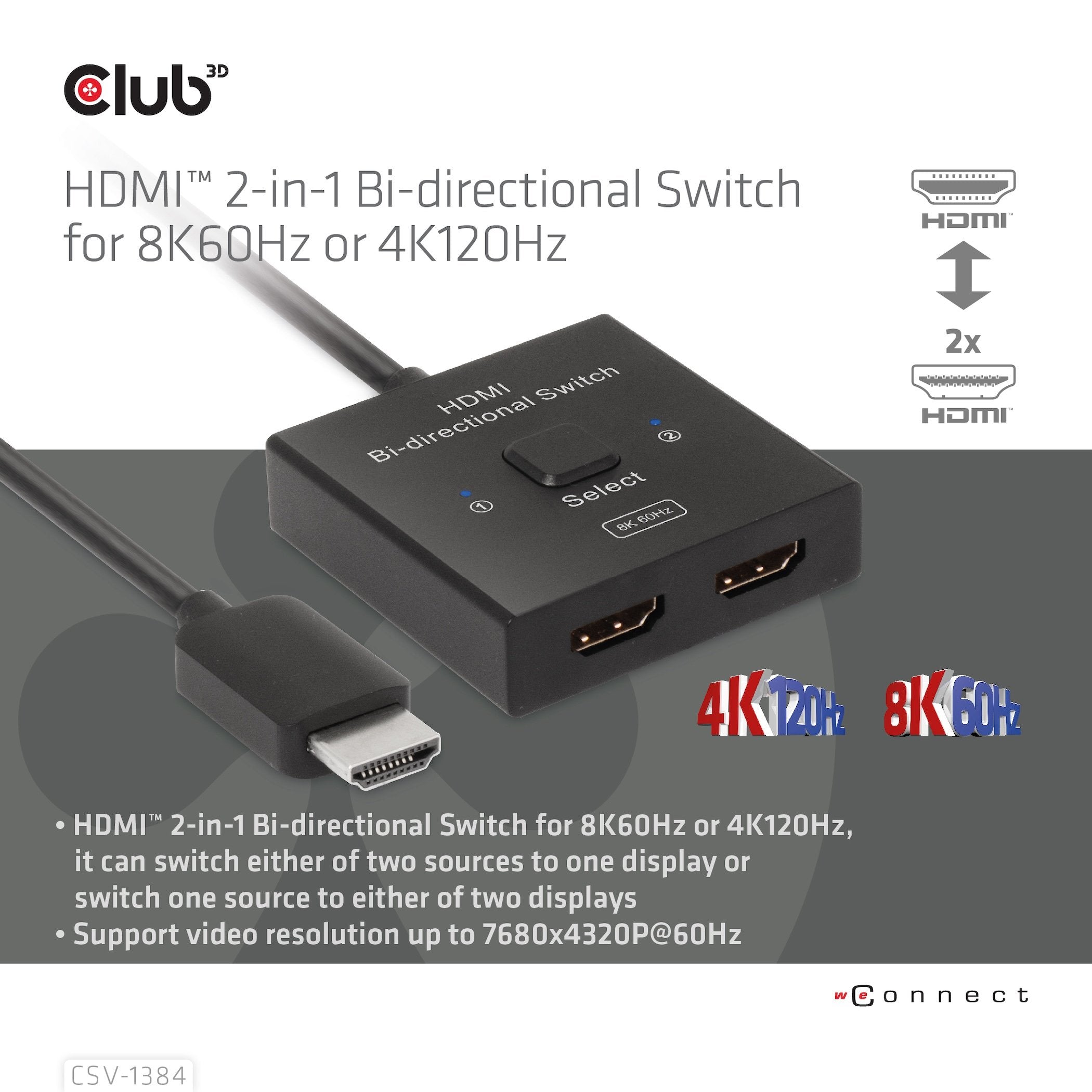 Club3d Hdmi Switch 2-In-1 Bidirektional 8k60hz 4k120hz Uhd Retail