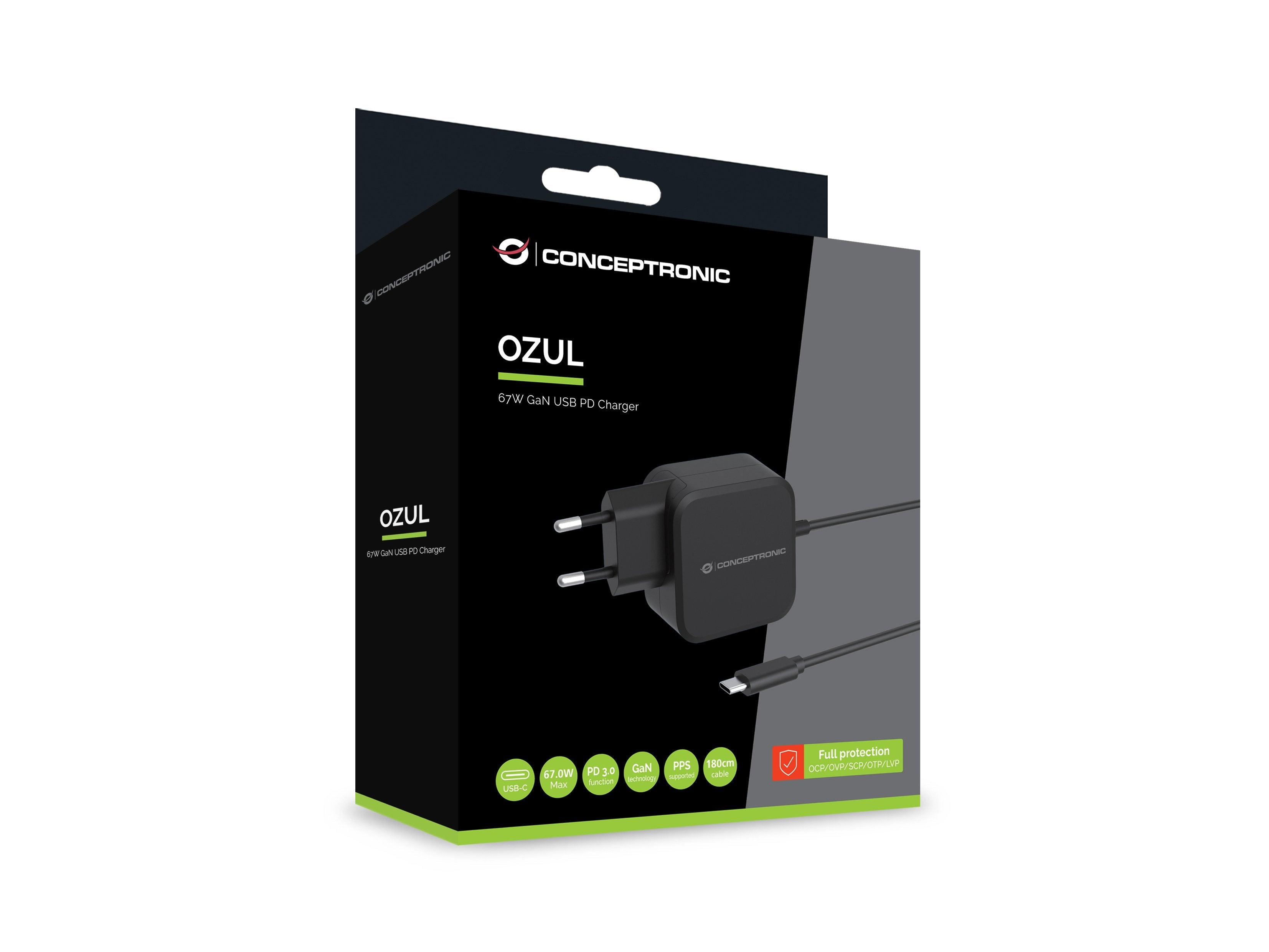 Cargador De Pared Conceptronic Ozul04be 67w Gan Pd Cable Usb-C