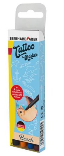 Eberhard Faber Tattoo Marker Beach Pack De 4 Rotuladores Para Tatuajes Temporales + 4 Plantillas Con Mas De 20 Motivos
