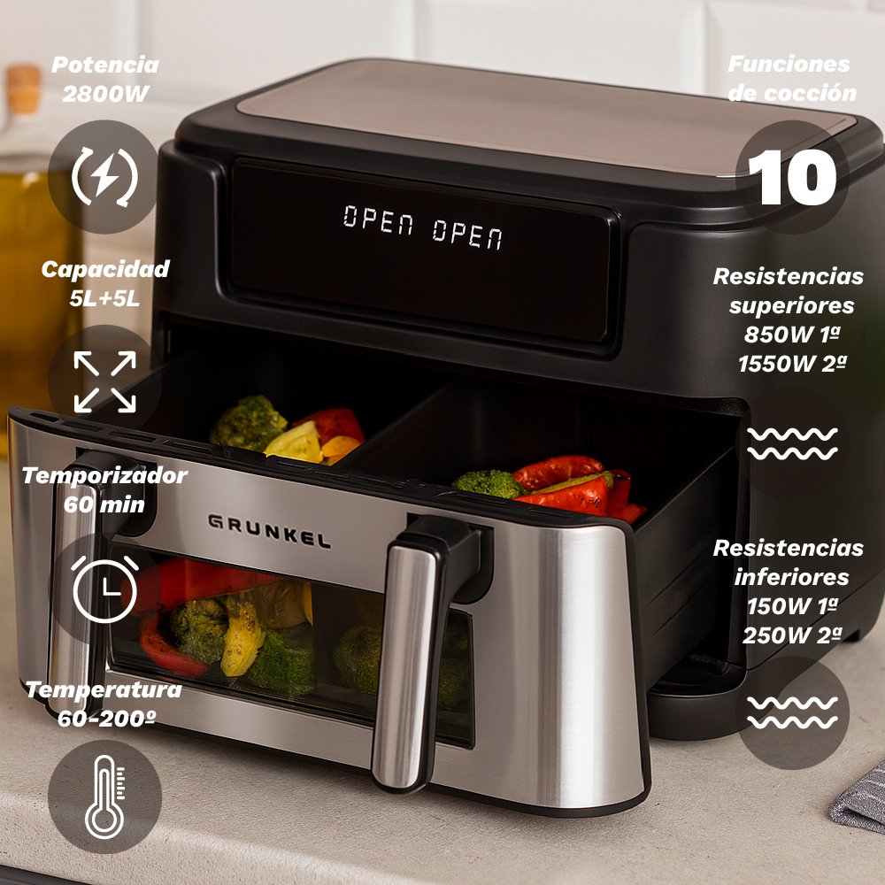 Freidora Por Aire Airfryer Sin Aceite Grunkel Dualflexifryer 2800w Capacidad 10l