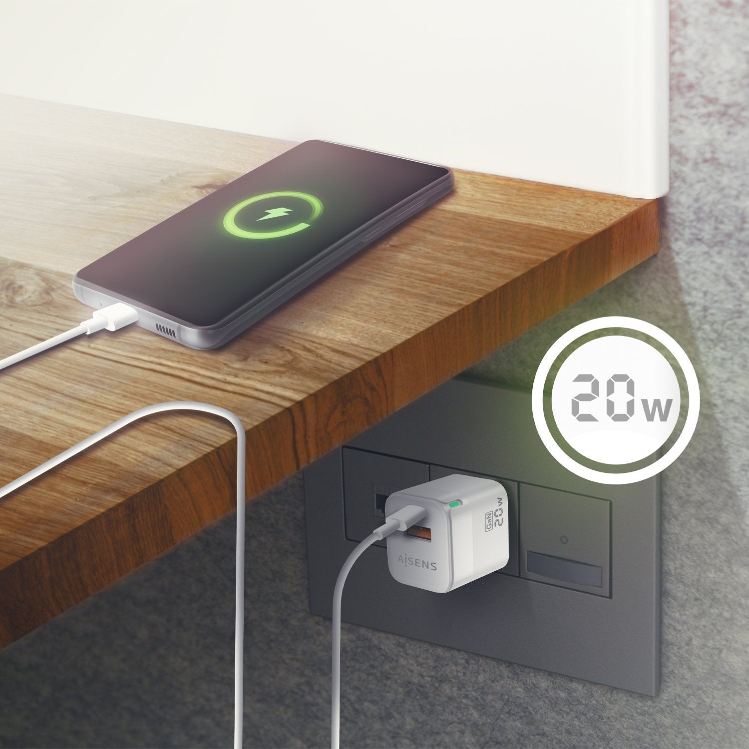 Aisens Cargador Gan 20w - 1xusb-C Pd3.0 Qc4.0 - 1xusb-A Qc3.0 - Blanco