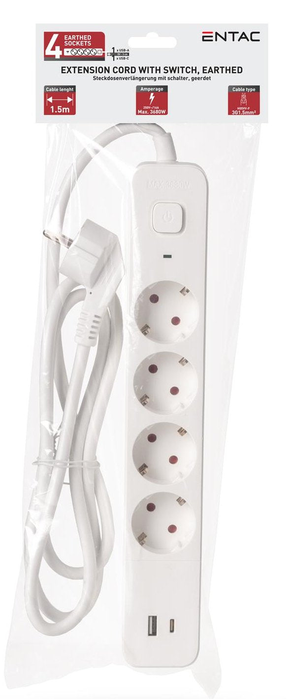 Entac Meckdosenleime 4fach 1x Usb-A & 1 Usb-C, 1,5m Blanco