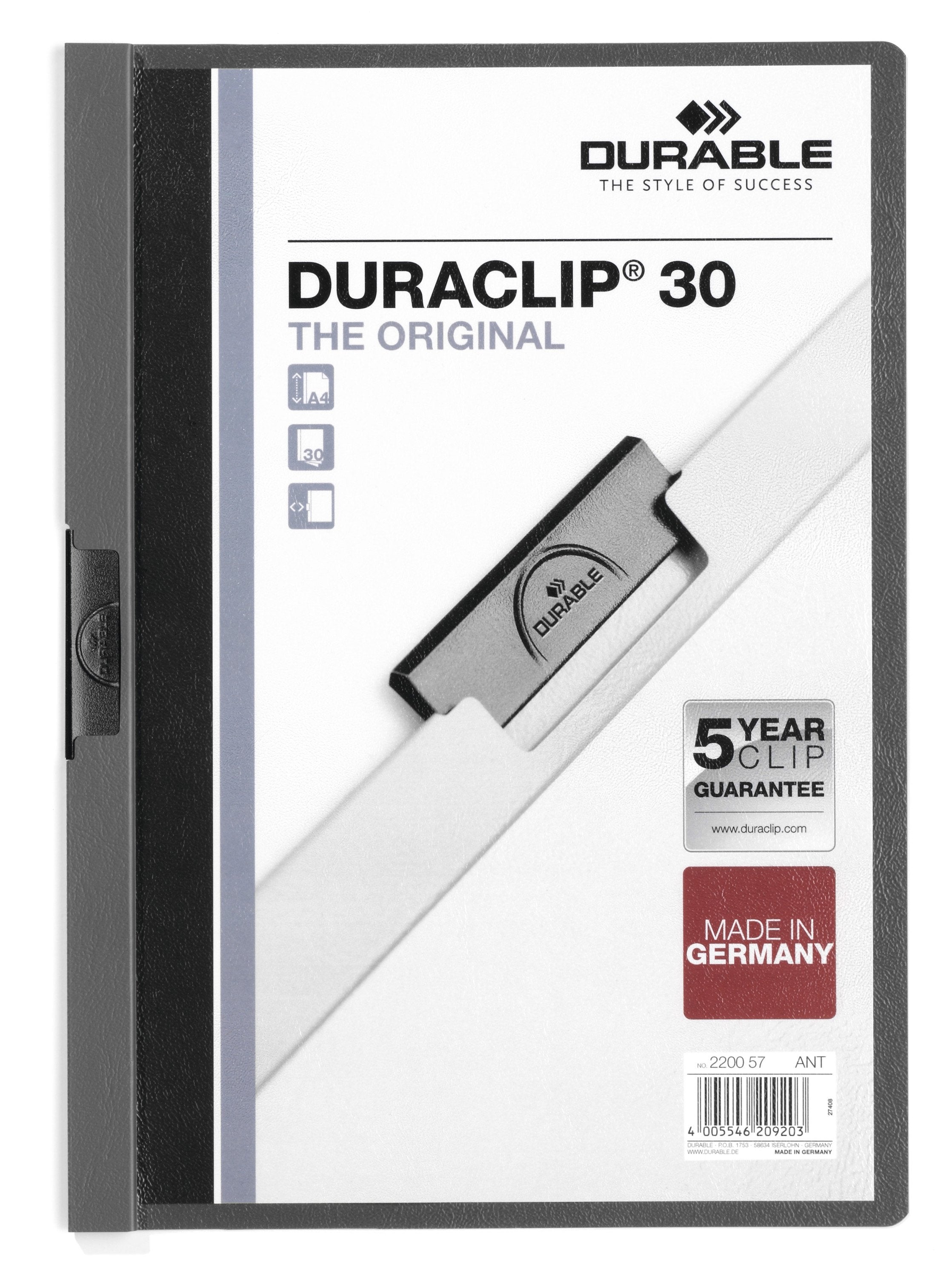 Durable Duraclip 30 Carpeta De Plastico Con Clip De Acero - Tamaño A4 - Capacidad Hasta 30 Hojas - Parte Posterior