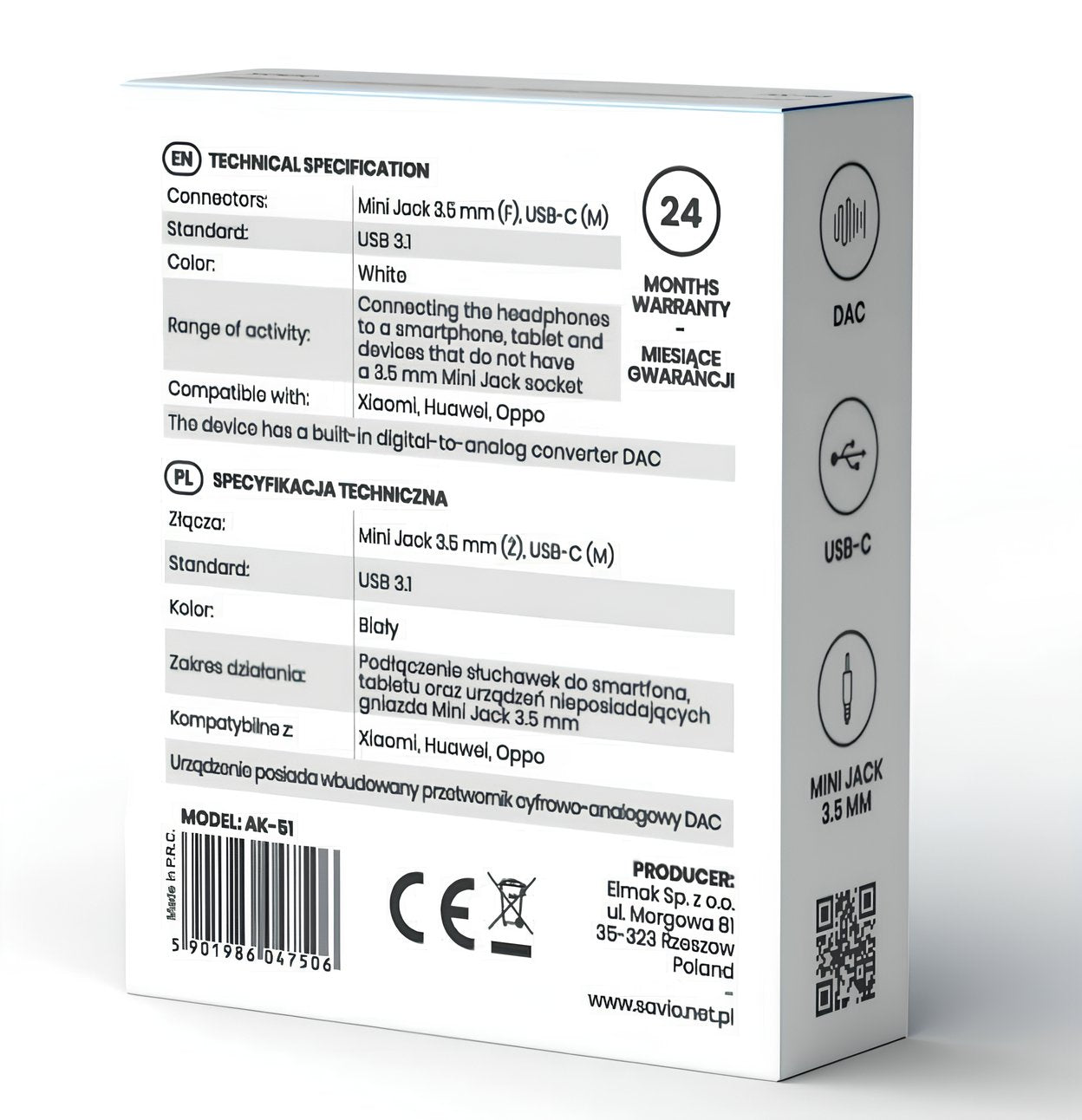 EAN 5901986047506 - Savio AK-51 cable de audio 0,11 m 3,5mm USB Tipo C Blanco imagen 3