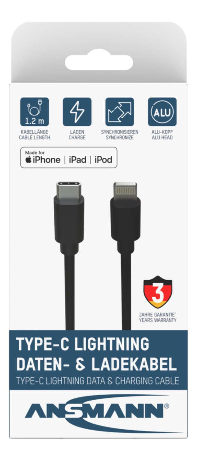 Ansmann Cable Usb 2.0 Usb-C > Lightning Negro, 1,2 Metros, Carga Con Hasta 60 Vatios 1700-0106