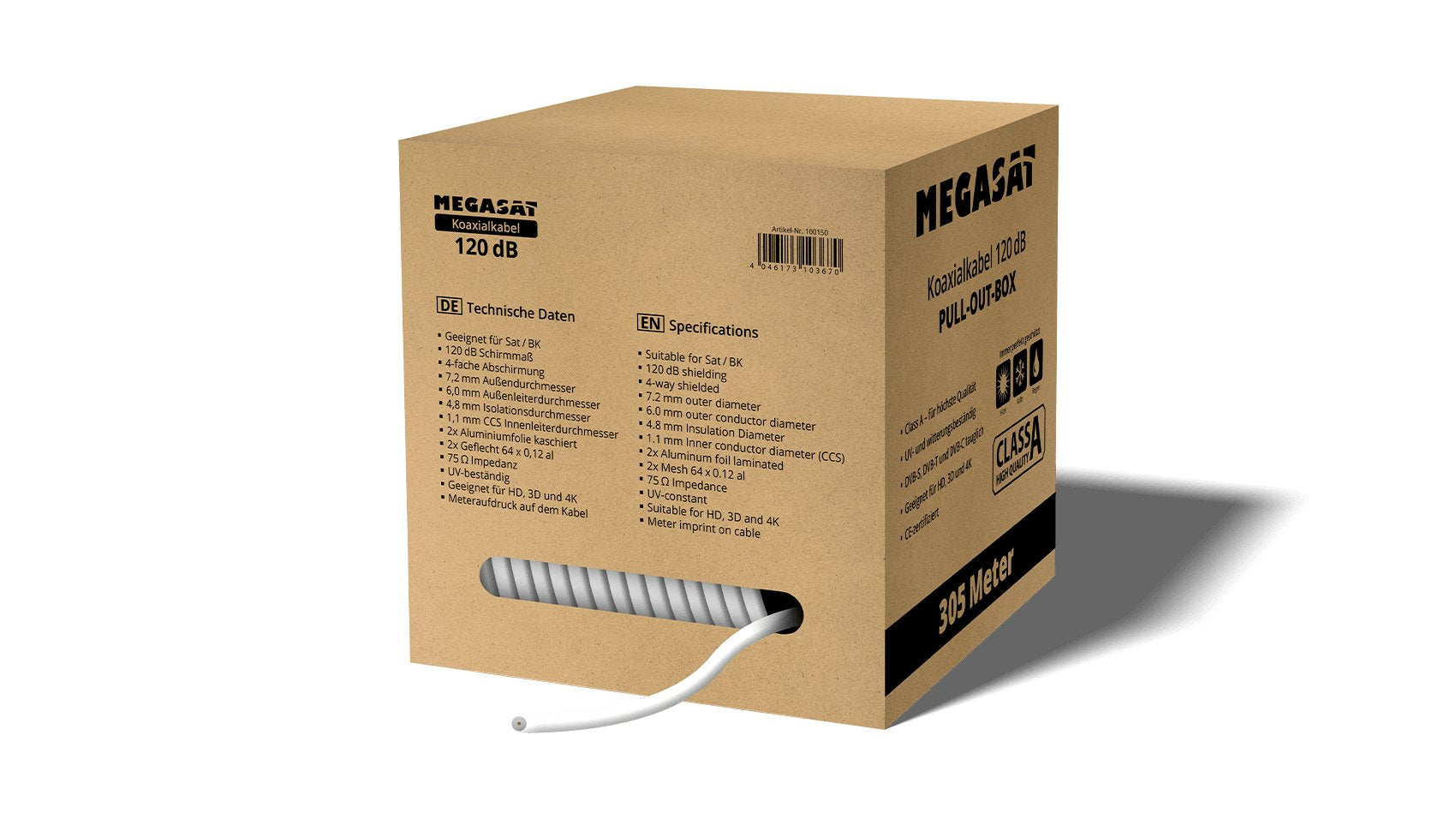 Megasat Quad-Shield 120 Koaxcable 305m Pull-Out Box,110db,4-Fach Geschirmt