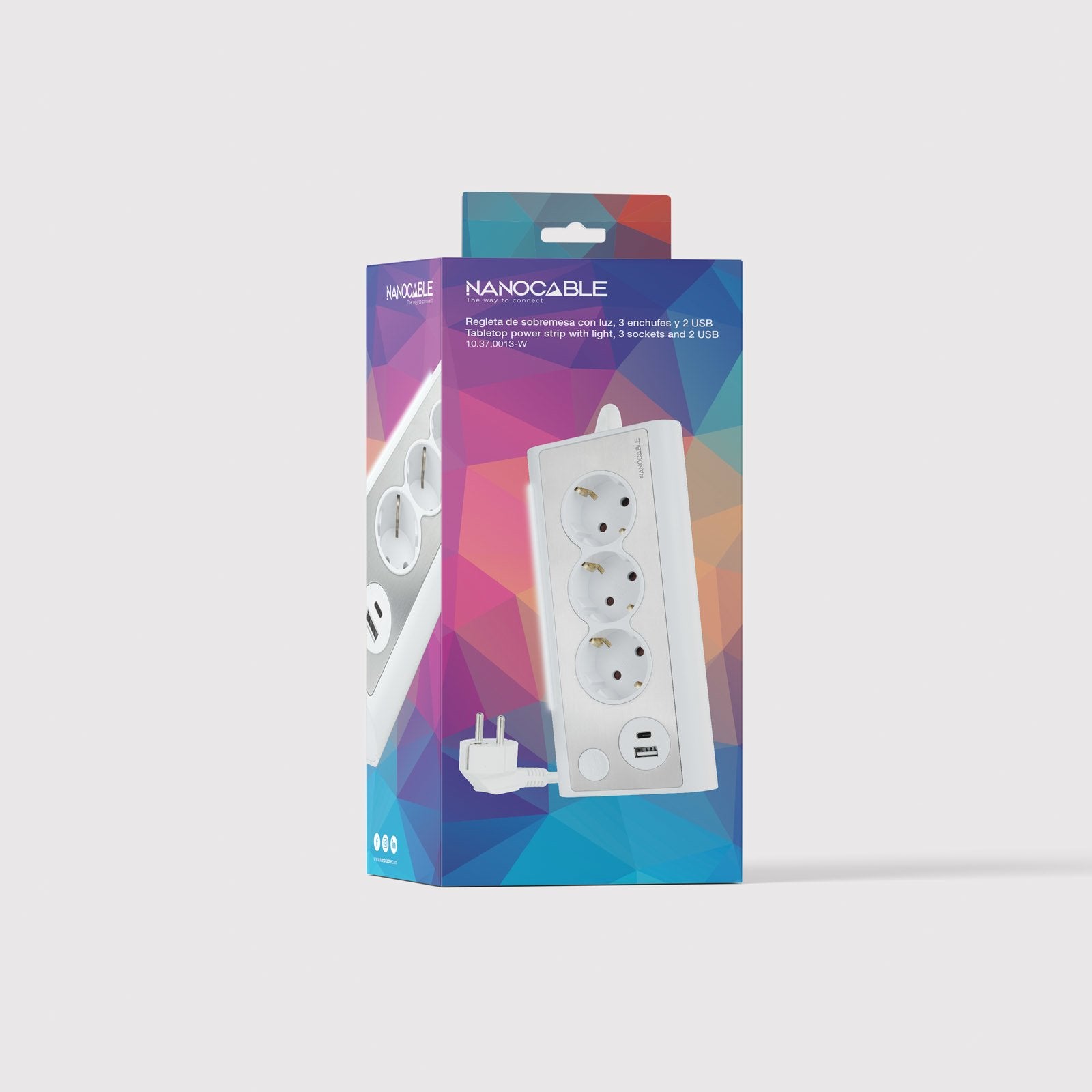 Nanocable Regleta De Sobremesa Con 3x Shuckos, 1x Usb-C Y 1x Usb-A - Iluminacion Led Con Interruptor - Cable De 1.50m