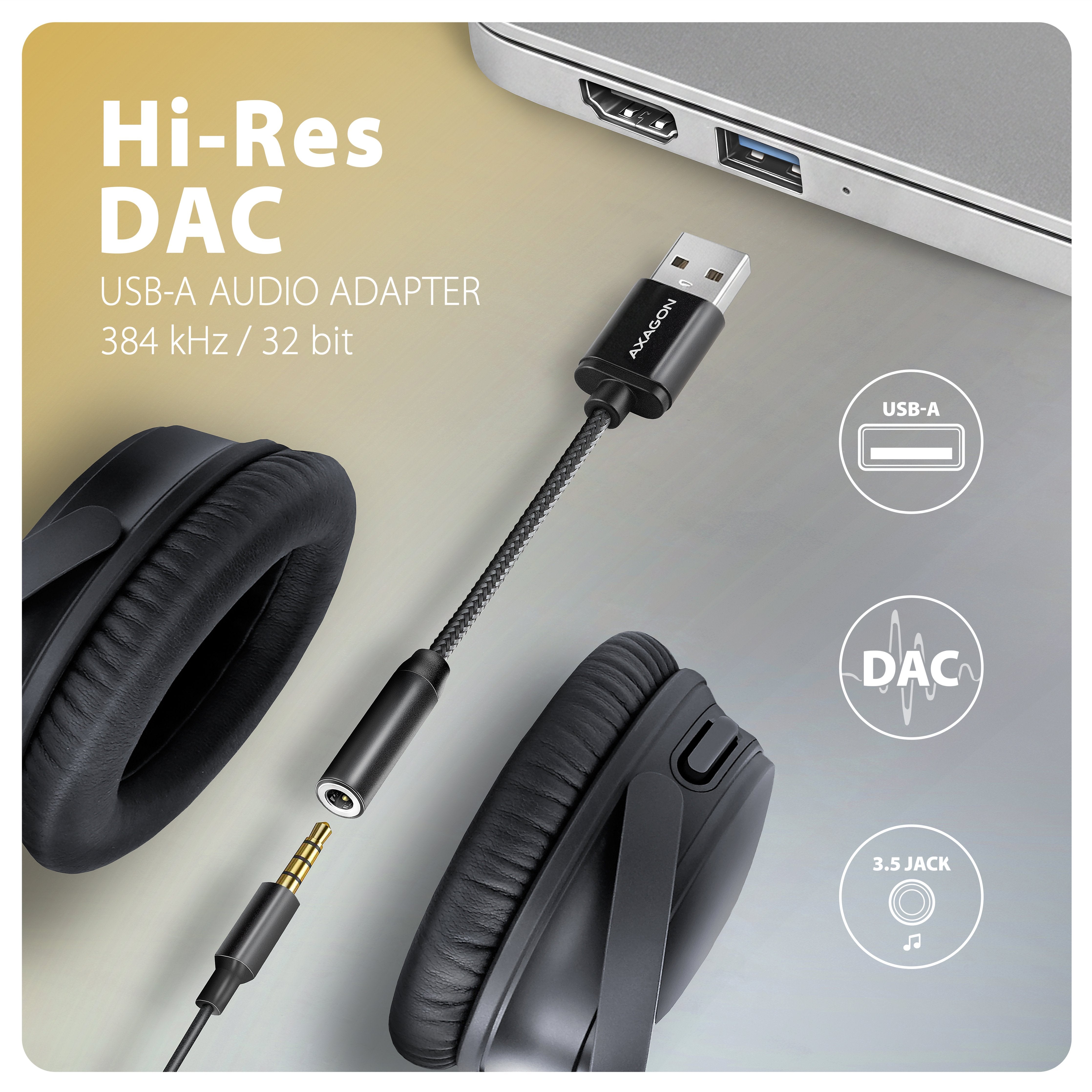 Axagon Ada-Ha Usb-A To 3.5mm Jack Hi-Res Dac Audio Adapter, 384khz 32bit, Stereo