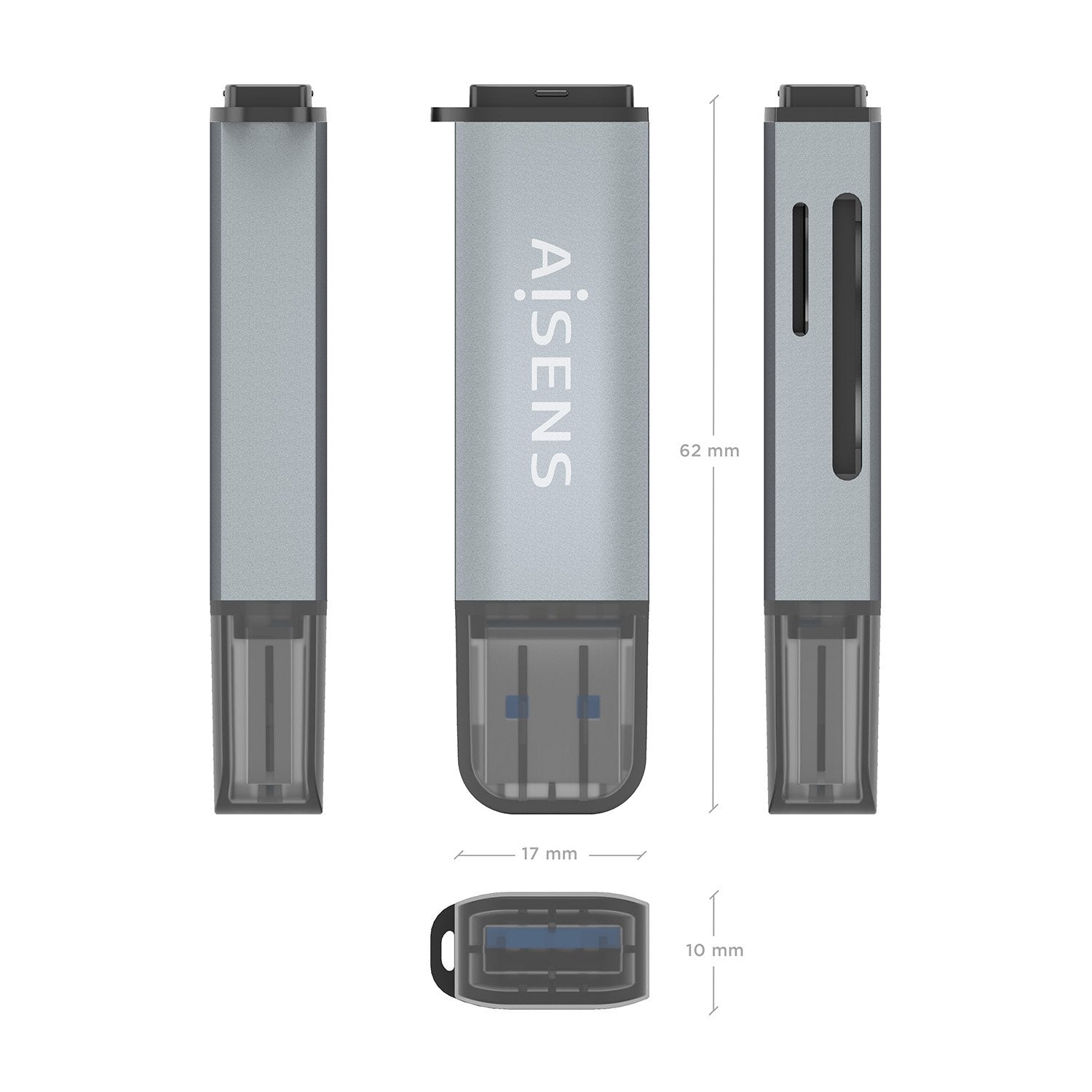 Aisens Lector De Tarjetas Sd, Micro Sd, Mmc, Rs-Mmc, Mmc Micro, Usb-A, Gris