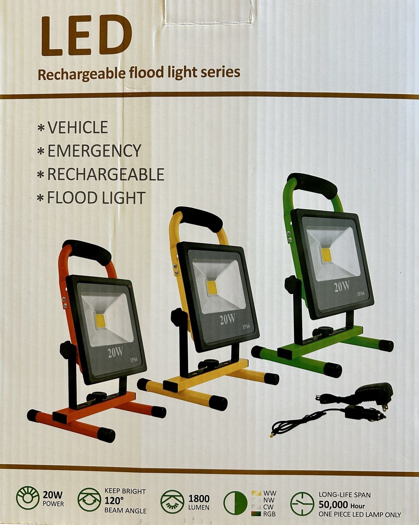 20w Rechargeable Led - Floodlight Eu Plug Include - Car Charger, Ac Charger, Usb Cable, And Instruction Manual. Packed In Retail - Warranty: 24m
