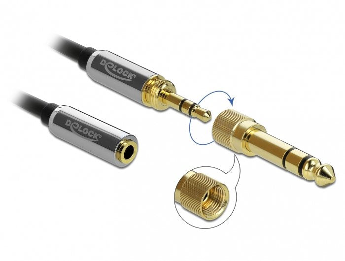 Delock Spiralcable Verlängerung 3,5 Mm 3 Pin Klinkenstecker Zu Klinkenbuchse Mit 6,35 Mm Schraubadapter 1 M
