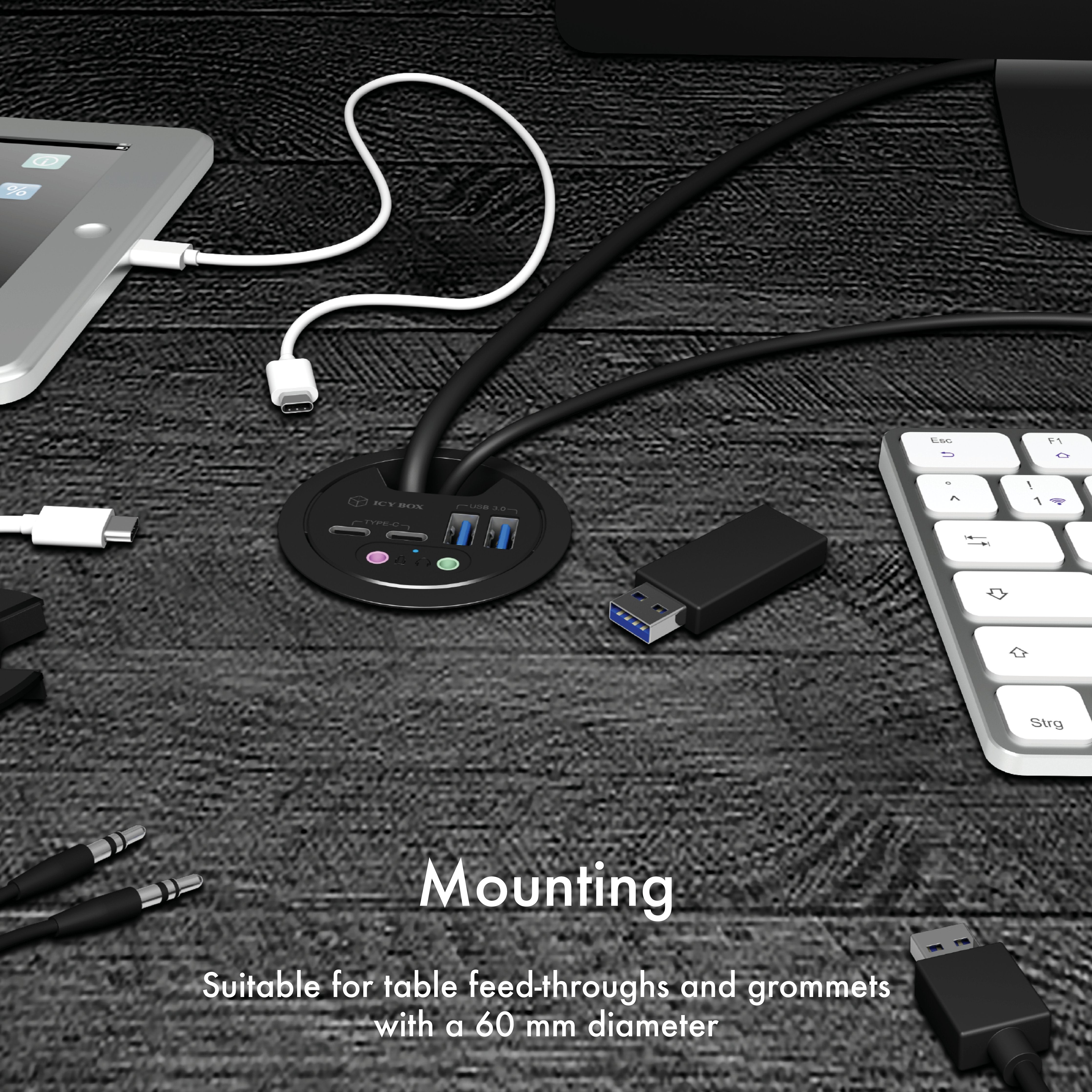 Icy Box Usb3.0 Hub Tipo-C / -A / Audio Icy Box Ib-Hub1403b, 120 Cm De Longitud Del Cable