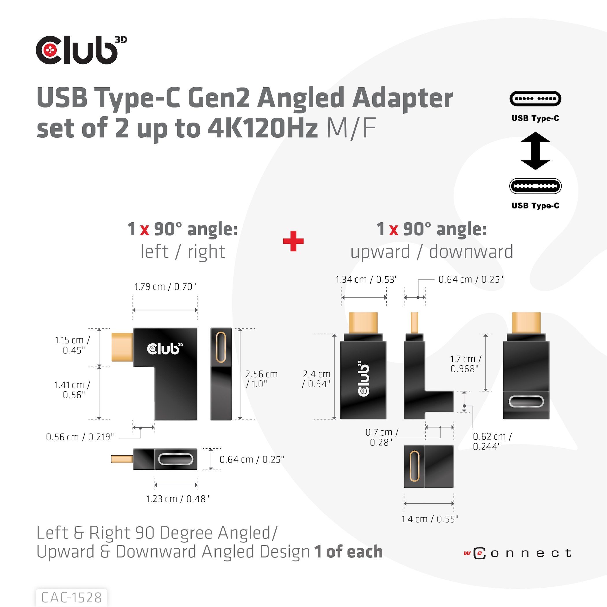 Adaptador Club3d Usb 3.2 Tipo C <> Usb 3.2 Tipo C En Ángulo M/H Retail