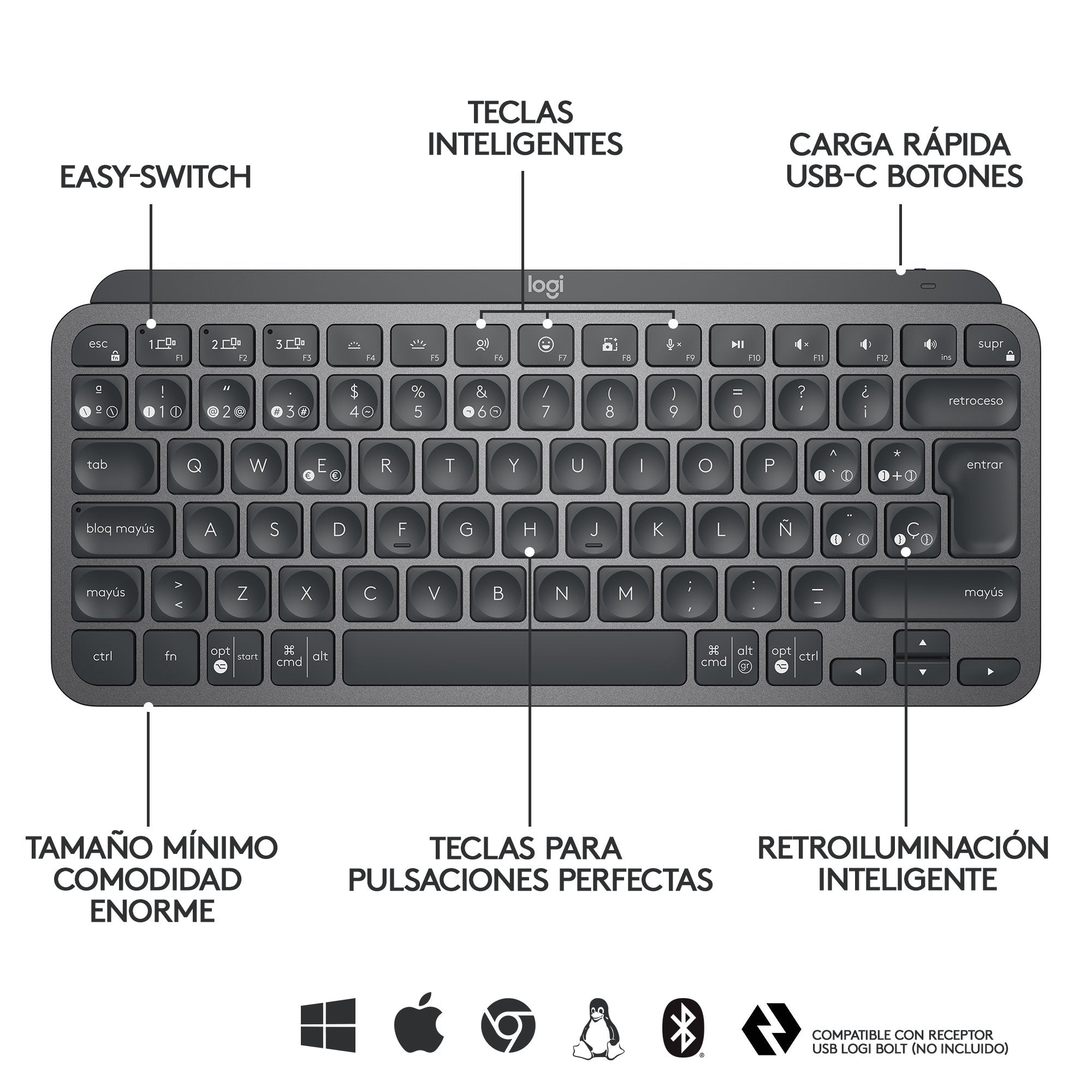 Teclado Español Logitech Mx Keys Mini Rf Wireless + Bluetooth Qwerty Grafito