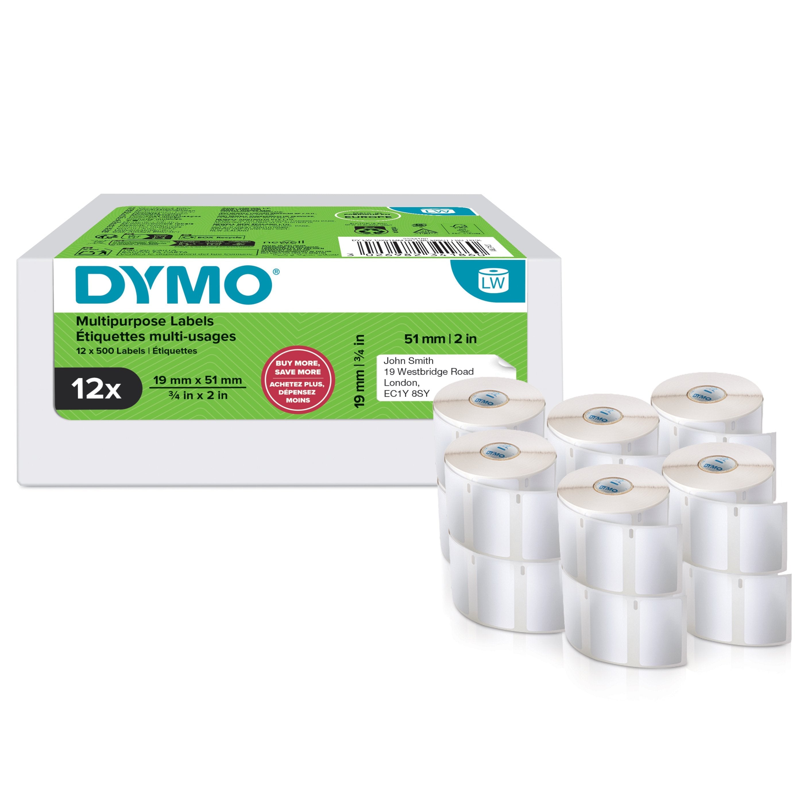 Etiquetas Multiusos Dymo Labelwriter Original, 19 X 51 Mm 12 Rollos De 500 Etiquetas Cada Uno 2234186