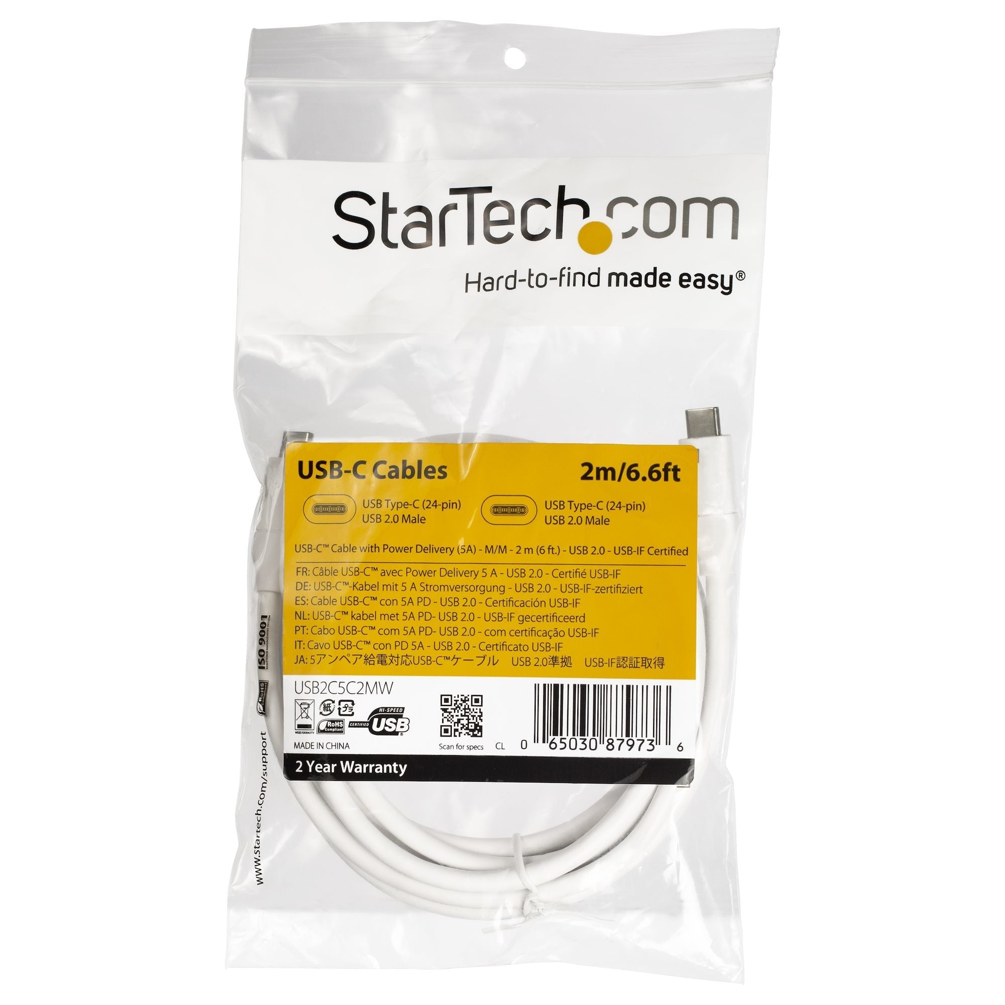 Startech Cable 2m Usb-C Pd De 5a Blanco Certified