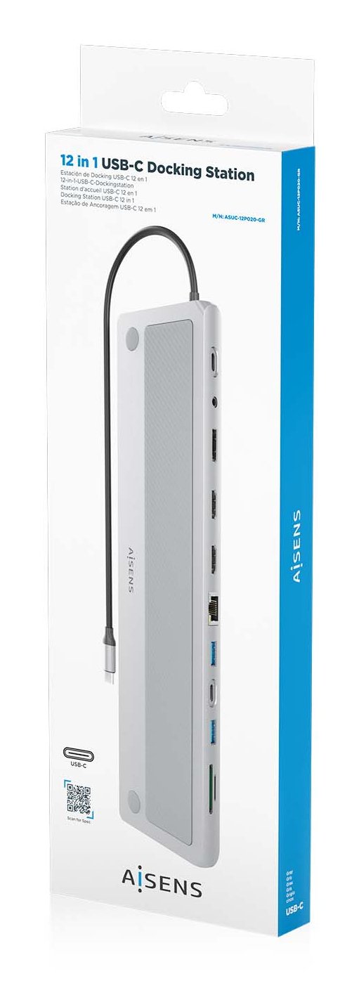Aisens Usb-C Dock 12 En 1, Usb-C A 2xhdmi, 1xdisplayport, 1xrj45, 3xusb-A, 1xusb-C, 1xusb-C Pd, 1xsd, 1xmicro Sd, 1xaudio, Gris, 30cm