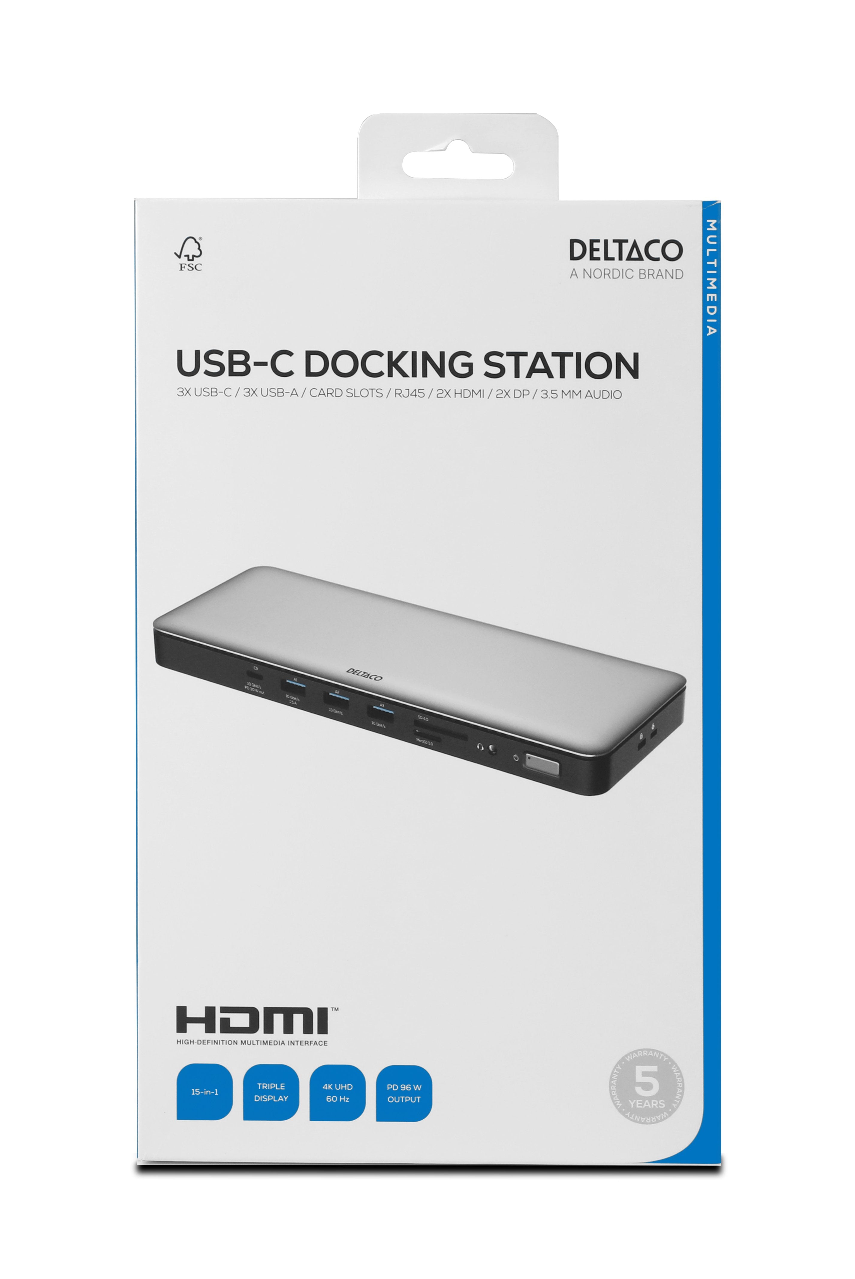 Deltaco Usb-C Dockingstation 2xhdmi/Dp/Usb/Rj45/Sd 96w