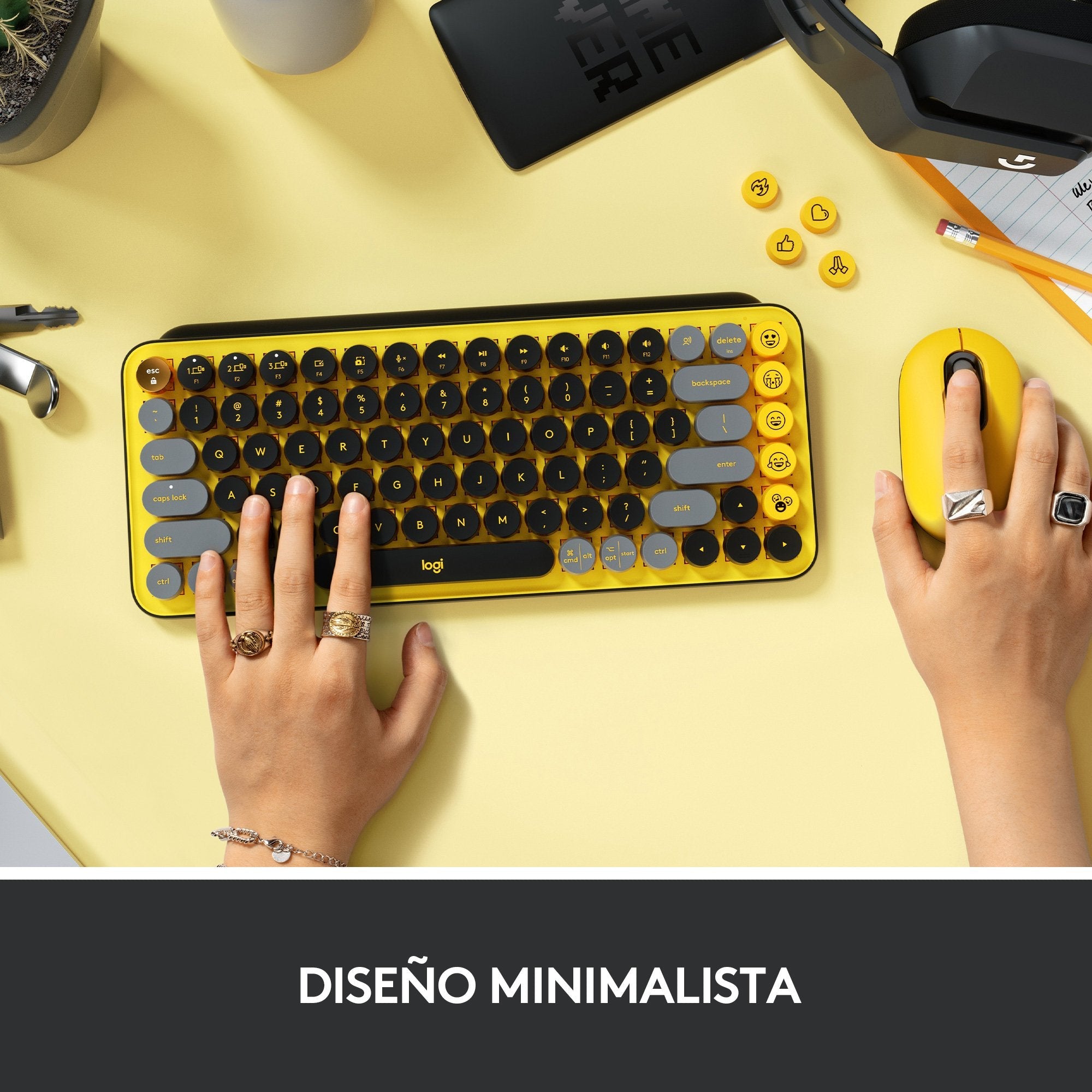 Teclado Español Logitech Pop Keys Wireless Emoji Keys Rf Wireless + Bluetooth Qwerty Negro, Gris, Amarillo
